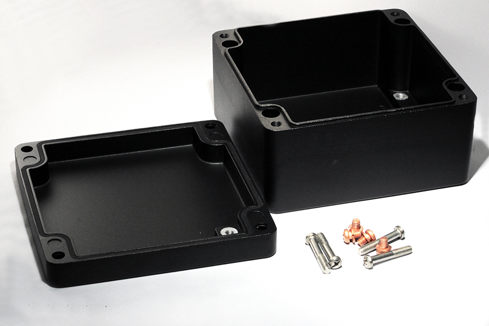 1590Z160BK textured black square diecast aluminum enclosure, 160 x 160 x 90 mm