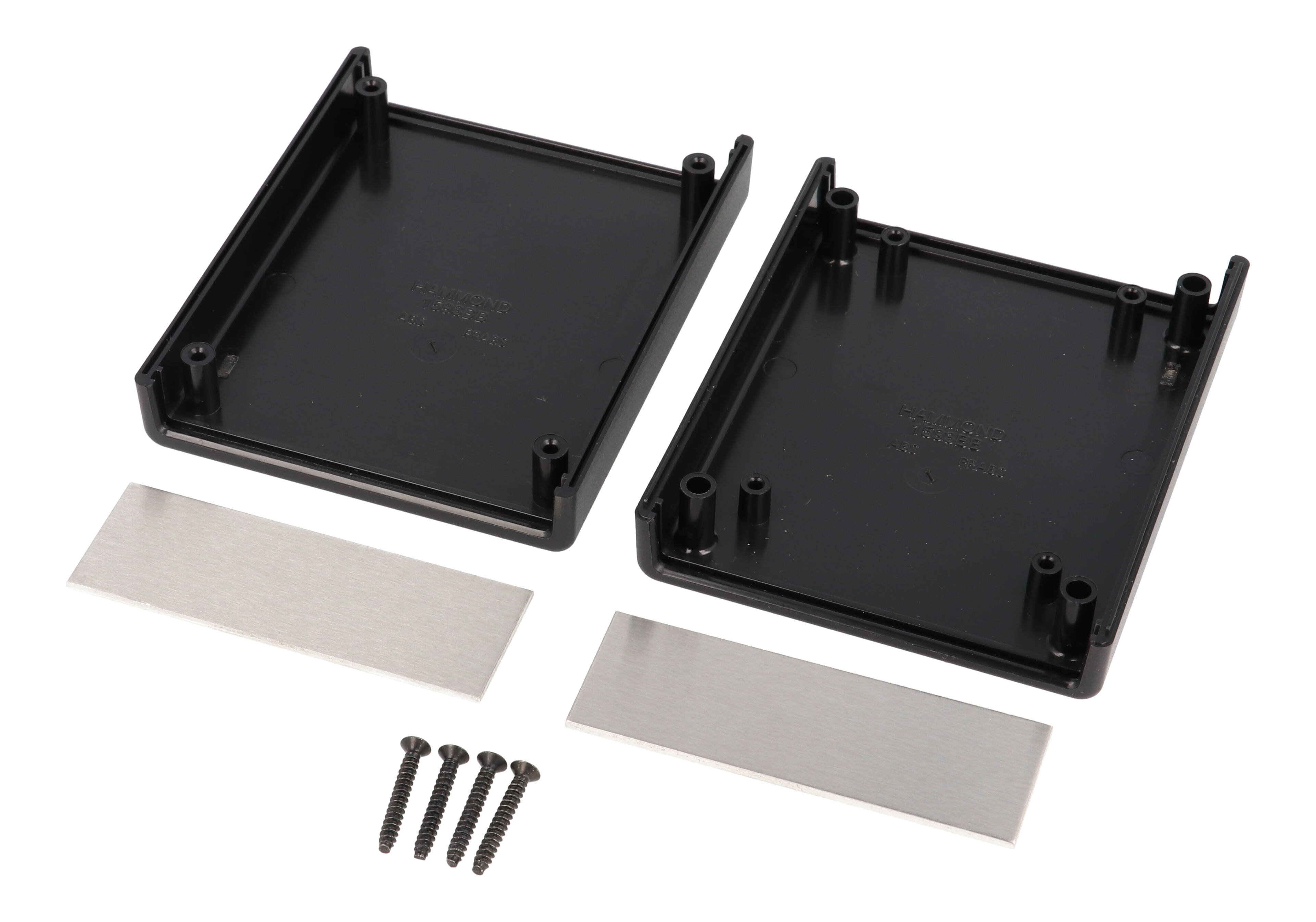 1593BBALBK black ABS hand held enclosure with aluminum end panels, 95 x 76 x 30 mm
