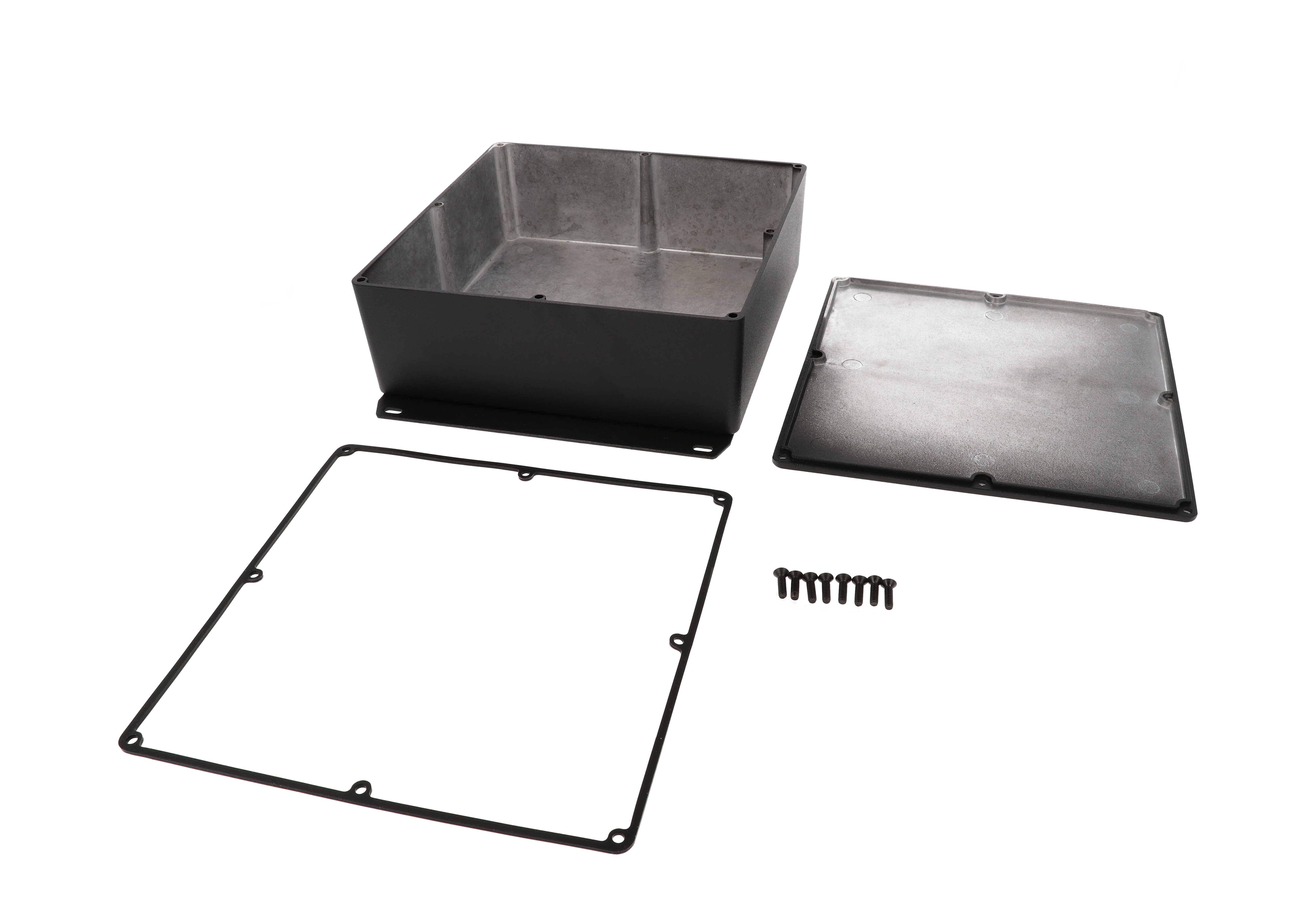 1590WFFBK textured black square watertight 1590F diecast aluminum enclosure, 188 x 188 x 67 mm, flanged bottom plate