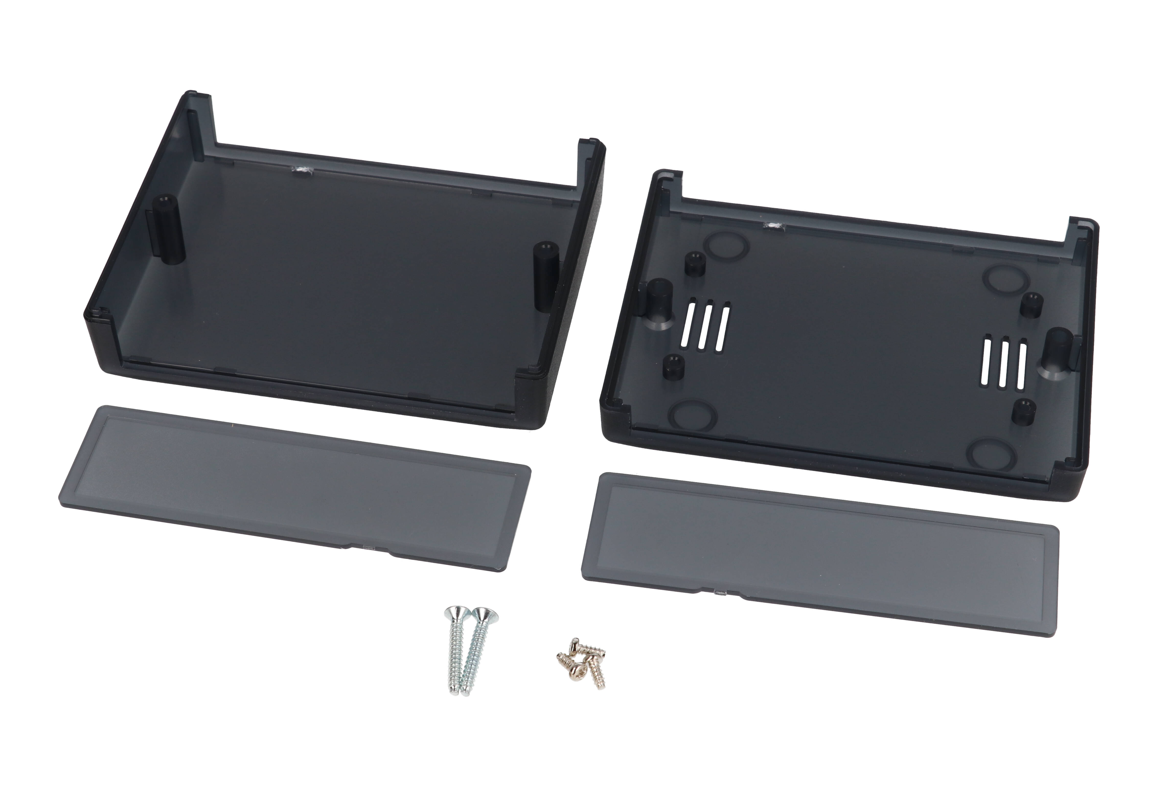 RM2005MTBK translucent black ABS instrument enclosure with removable end panels, 105 x 80 x 32.5 mm