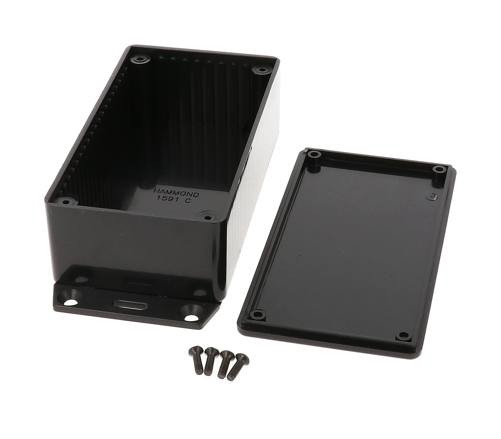 1591CF2SBK black general purpose ABS enclosure with bottom mounting flange