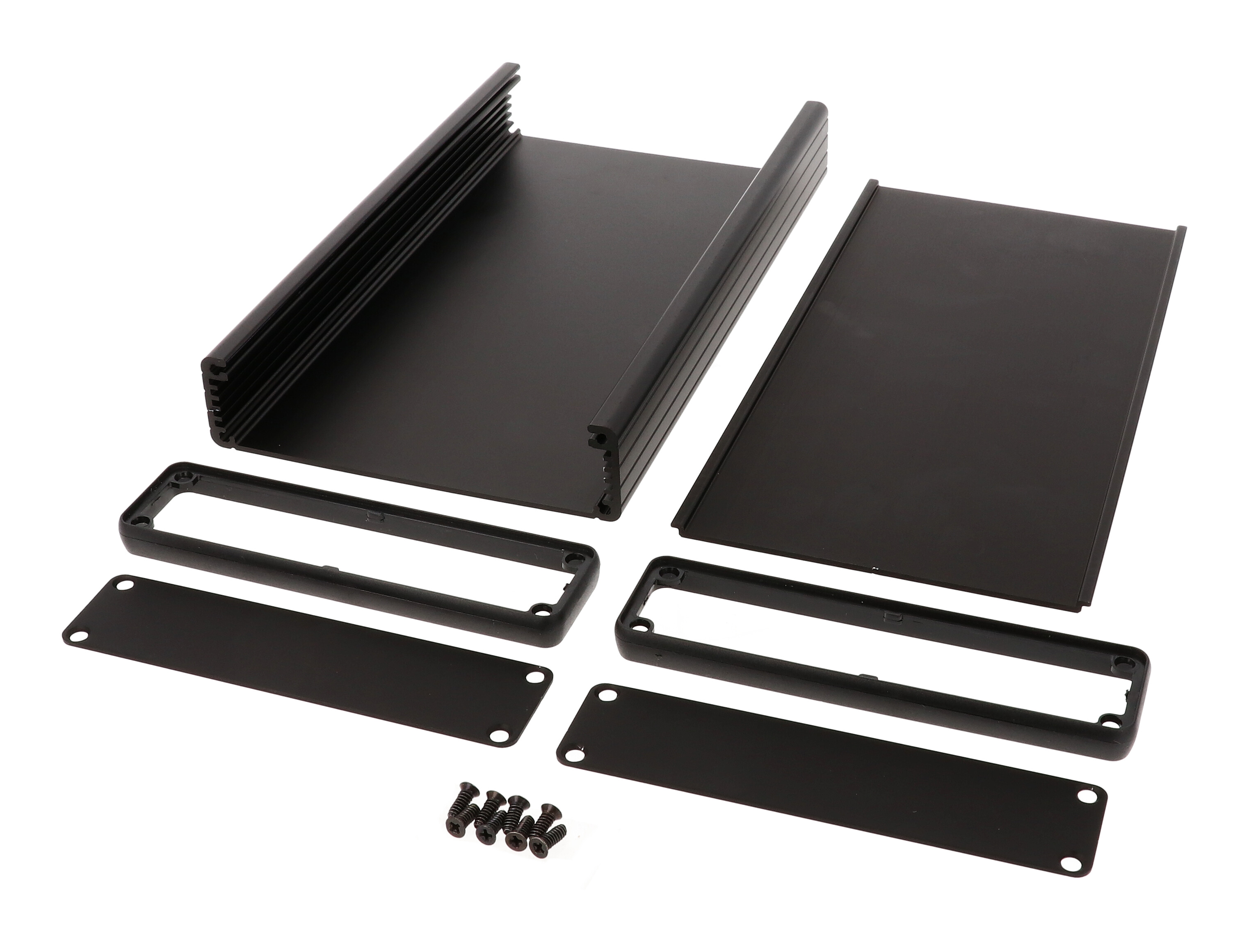 1455P2201BK black anodized extruded aluminum PC board enclosure, 220 x 125 x 30.5 mm, with aluminum end panels and open bezels