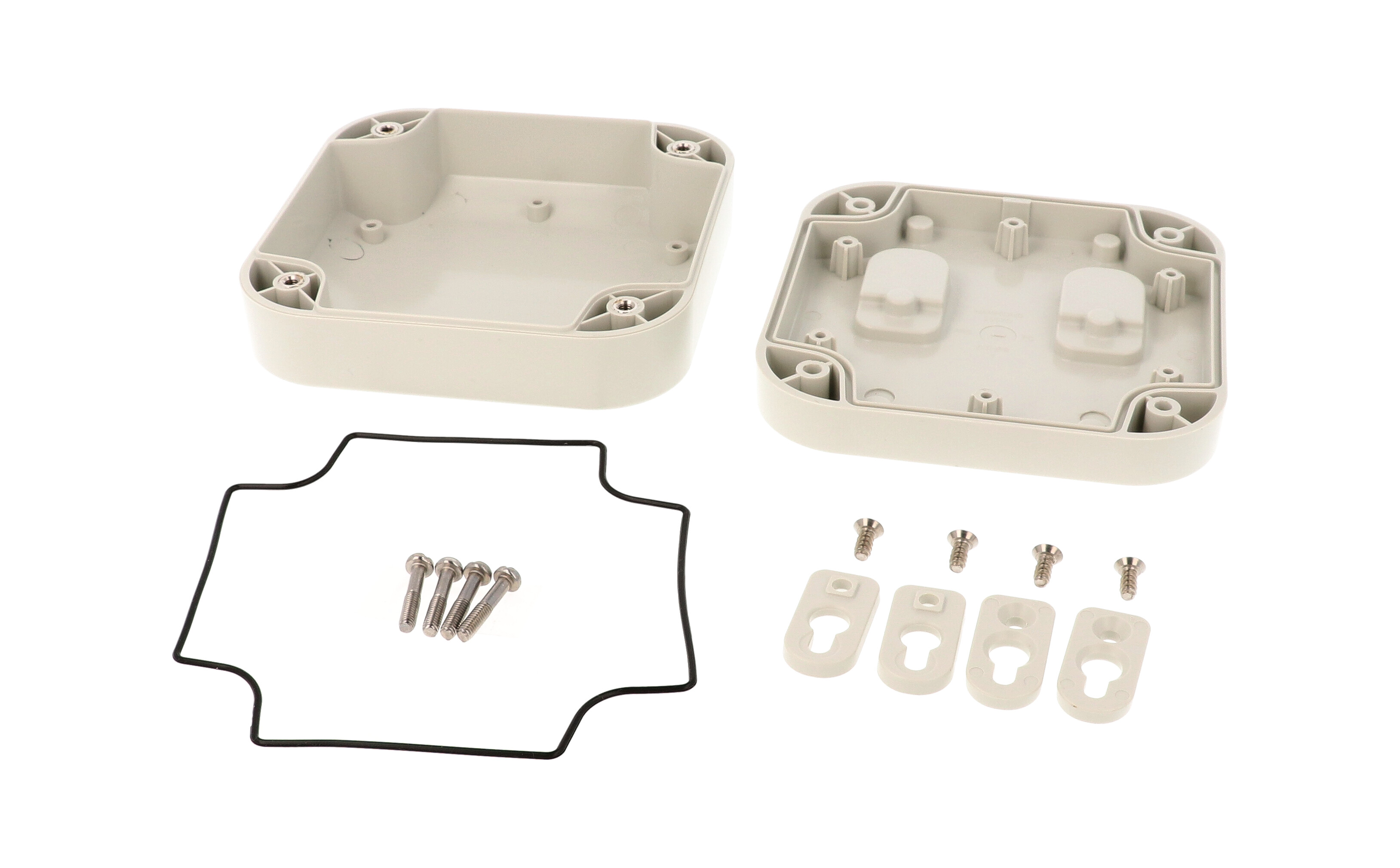 1557DGY light gray ABS watertight enclosure, 120 x 120 x 45 mm, with rounded corners and screw-down lid