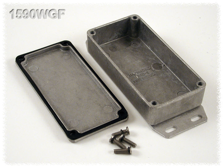 1590WGF natural aluminum IP65 watertight diecast enclosure, 100 x 50 x 25 mm, with flanged bottom plate