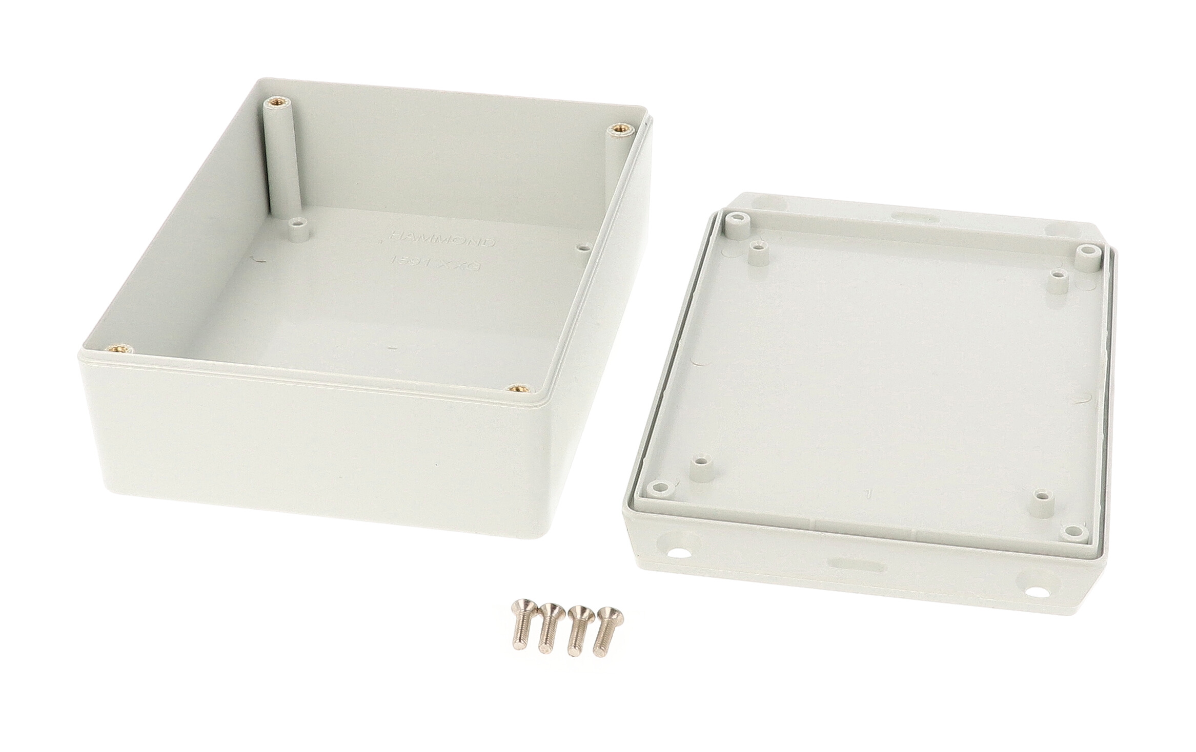 Hammond 1591XXGFLGY light gray ABS plastic enclosure with flanged lid, 1591XXG size, box and lid shown