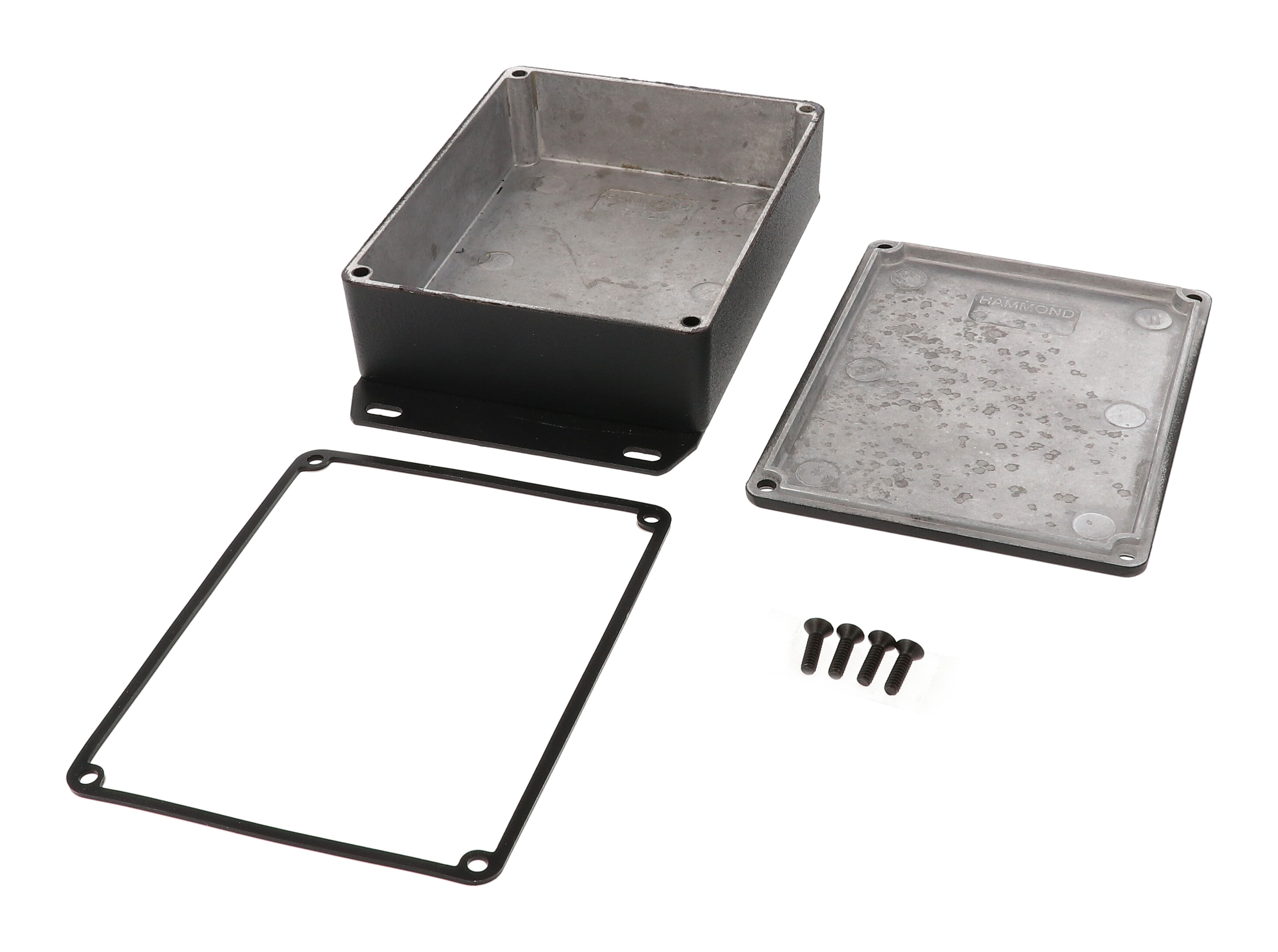 1590WBBFBK black textured water-tight diecast aluminum enclosure with flanged bottom plate