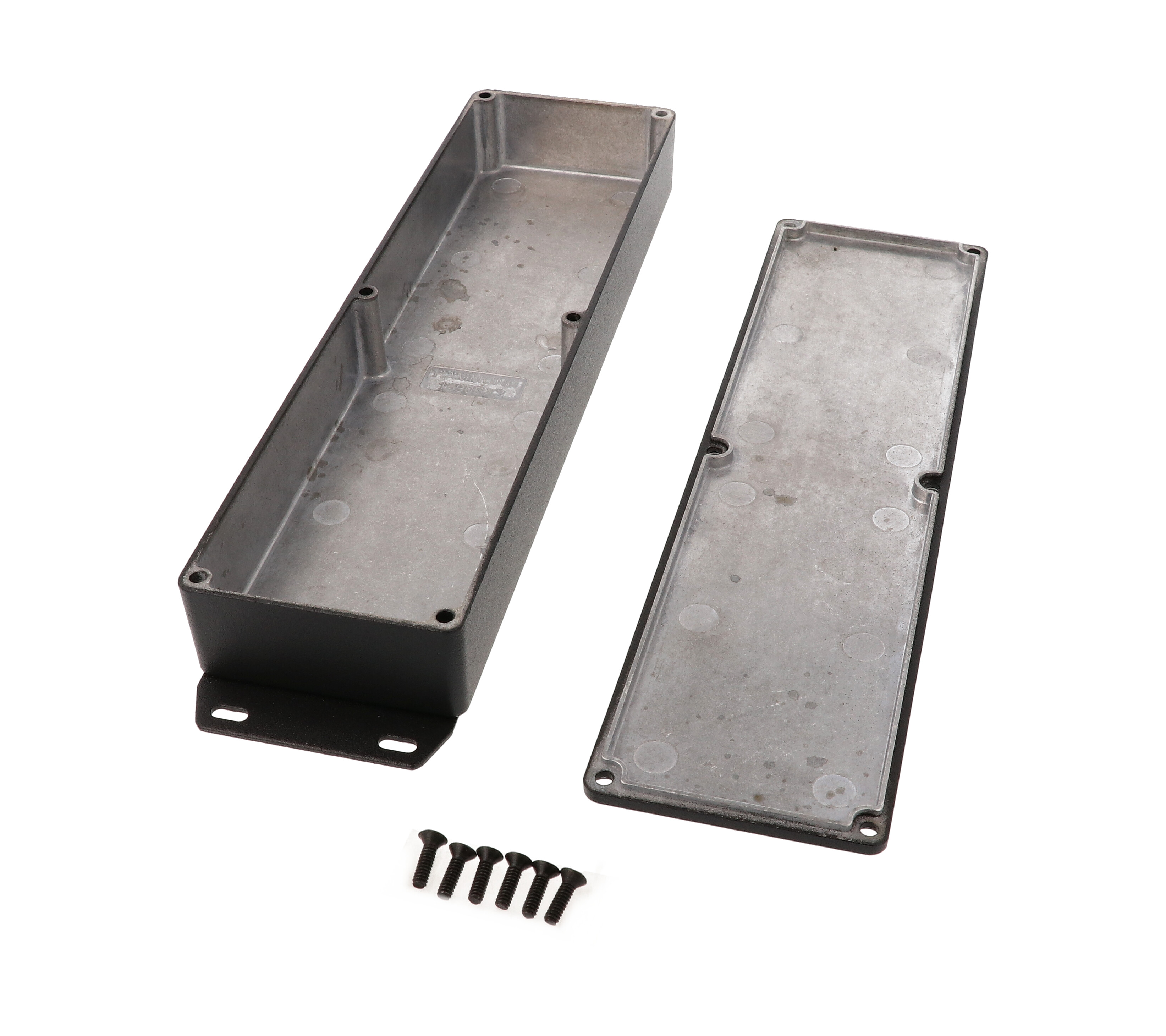 1590BX2FBK long slim black textured diecast aluminum enclosure with flanged bottom plate