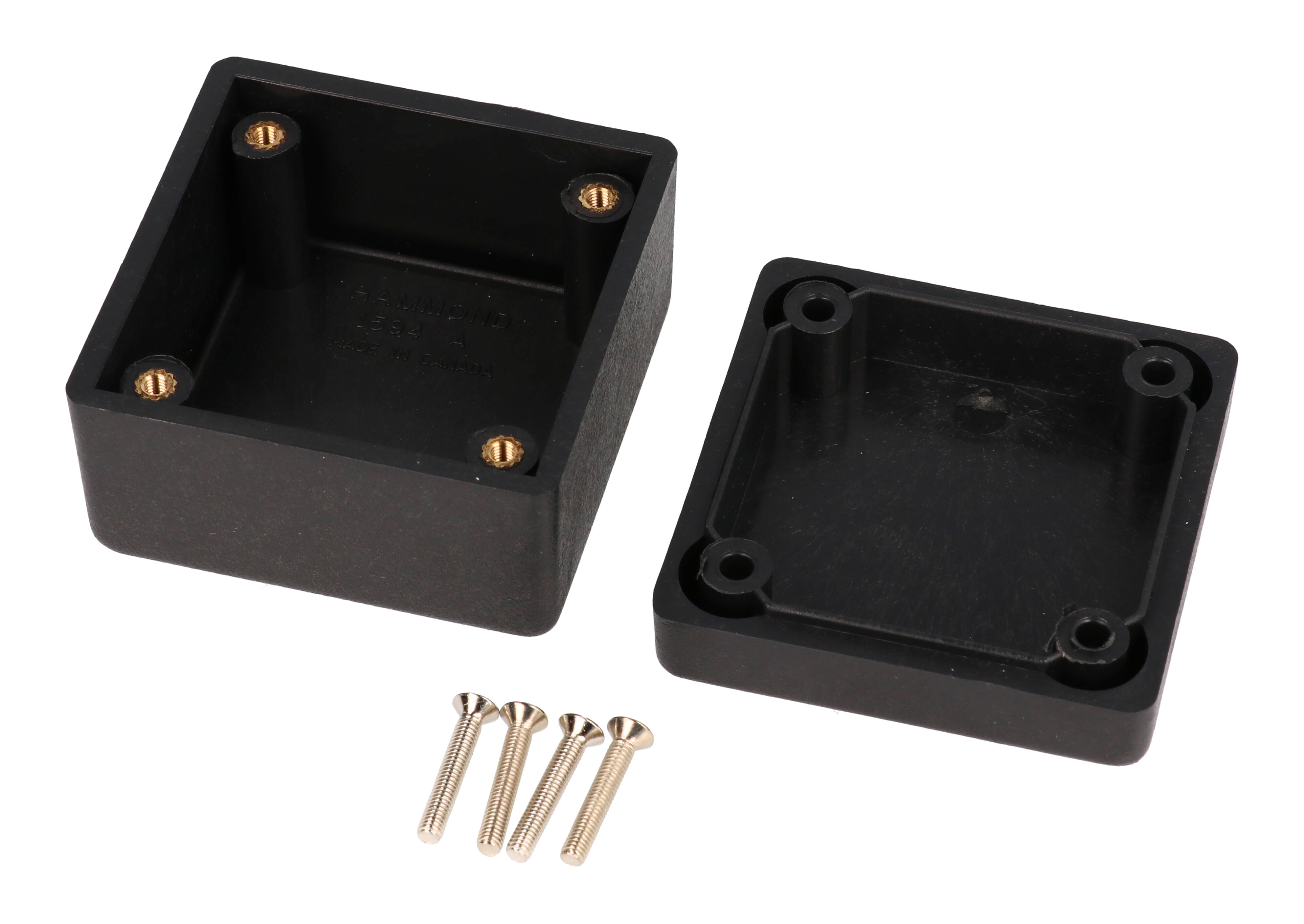 1594RFIABK black conductive plastic EMI/RFI shielded enclosure, 56 x 56 mm, with countersunk screw-down lid