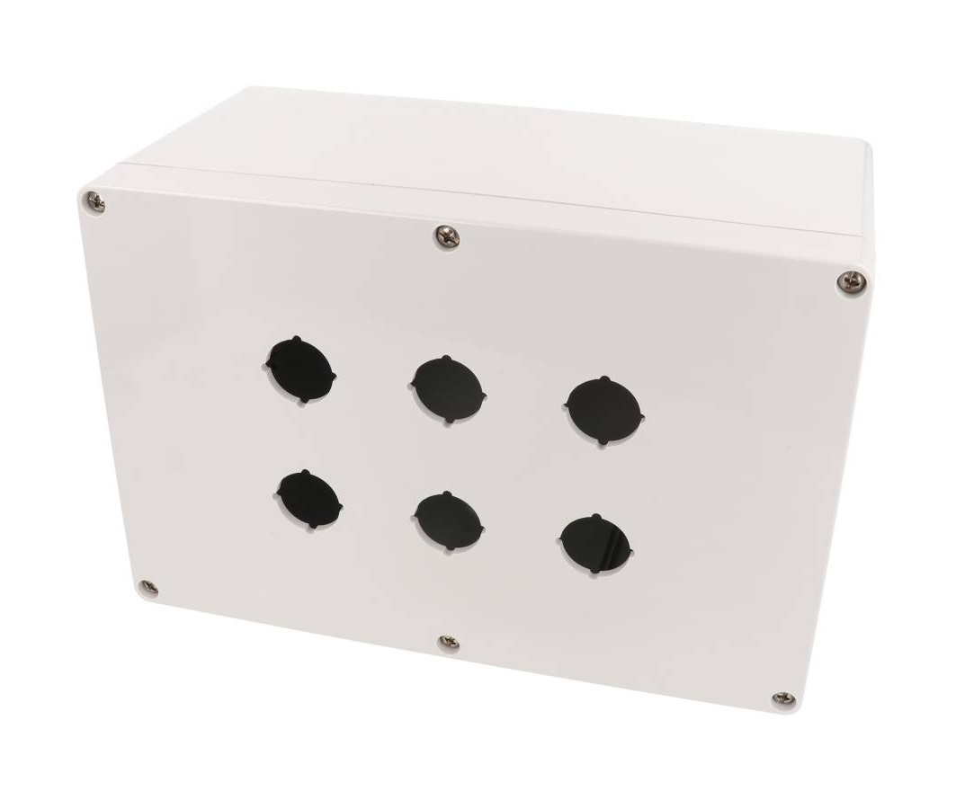 1554MPB6B deep light gray polycarbonate enclosure with six 22.5 mm pushbutton holes