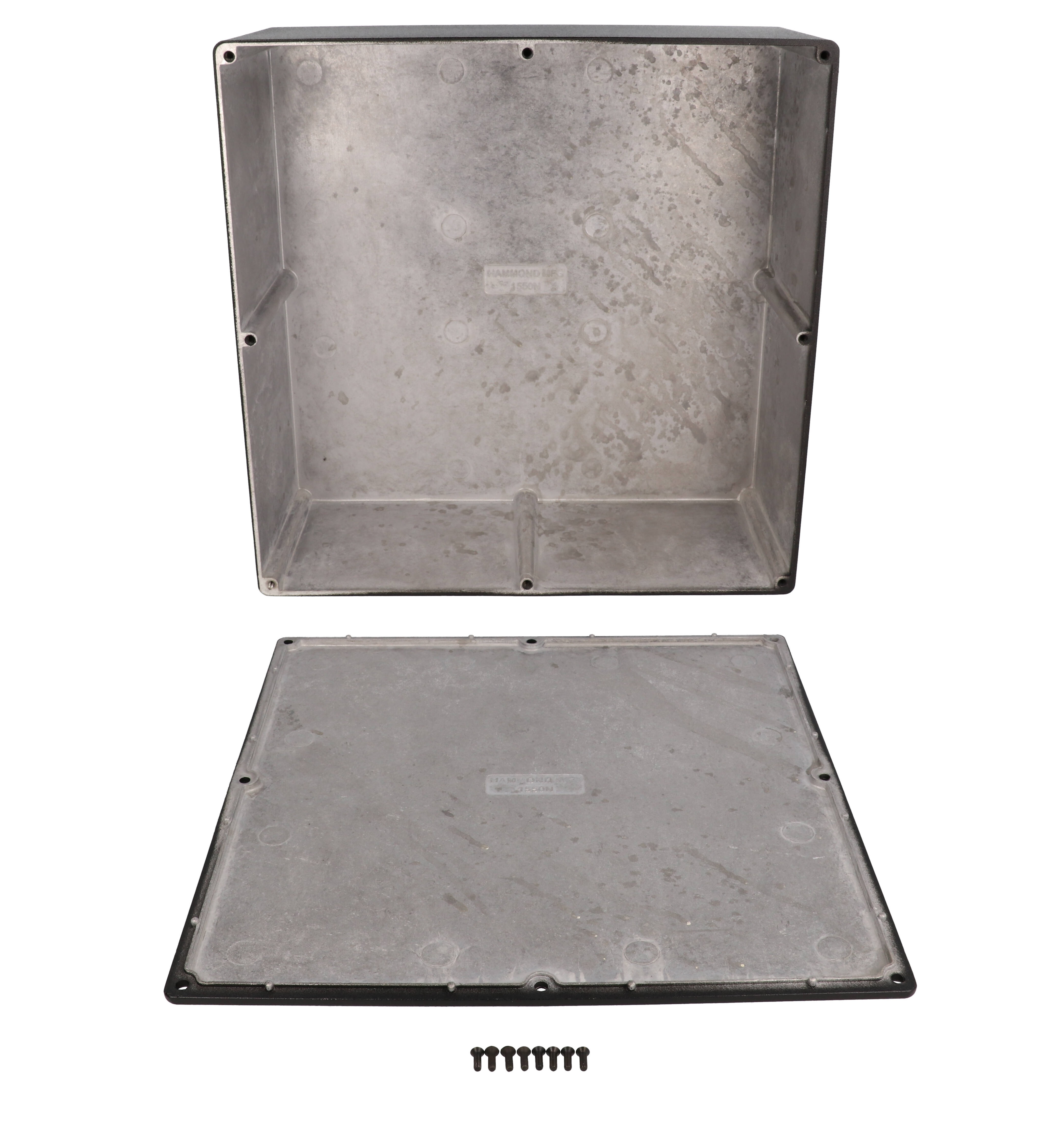 1550NBK black powder coated diecast aluminum enclosure, 250 mm x 250 mm x 97 mm, with screw-down lid