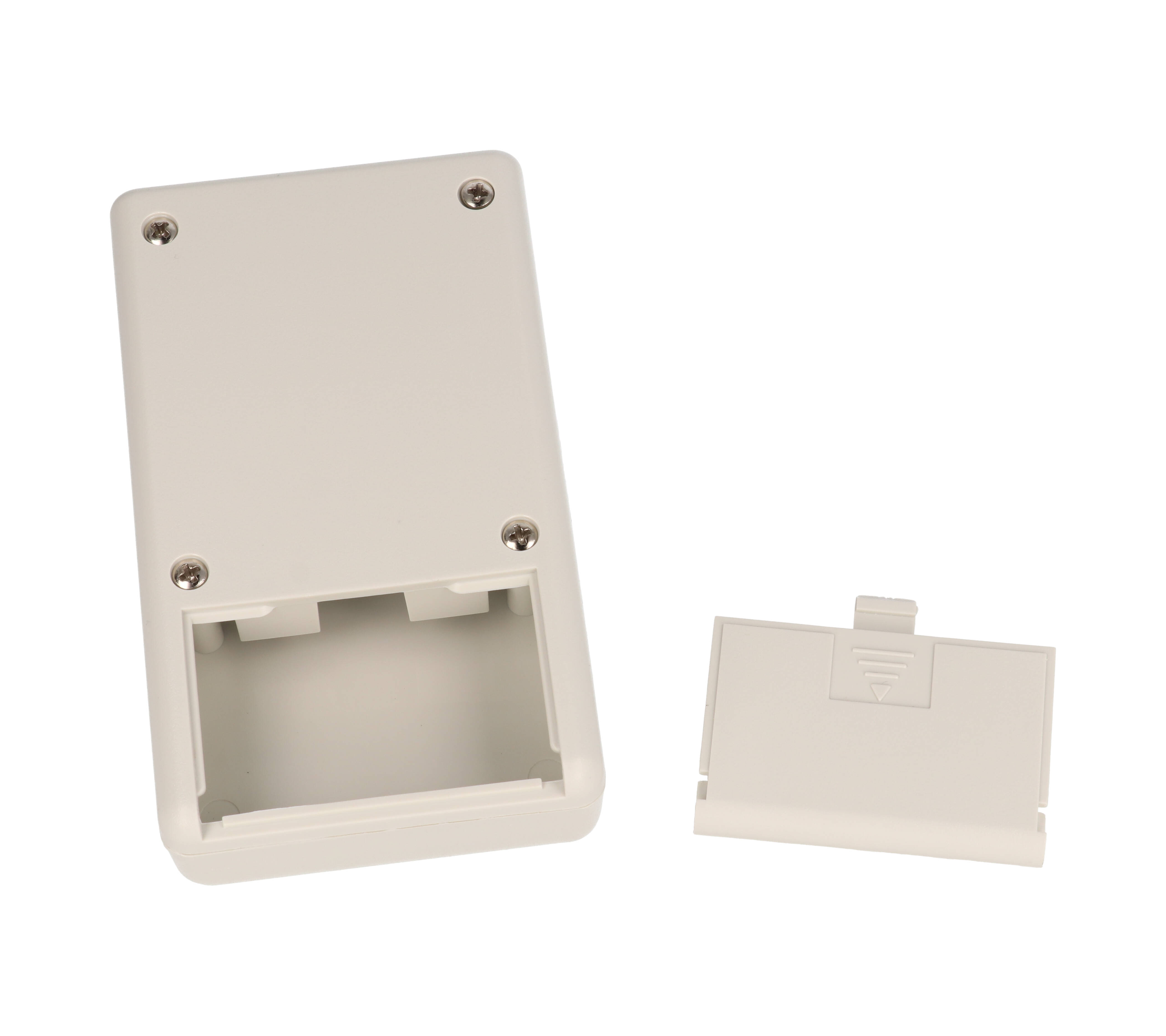 1593QALGY light gray ABS handheld enclosure with battery door and aluminum front panel