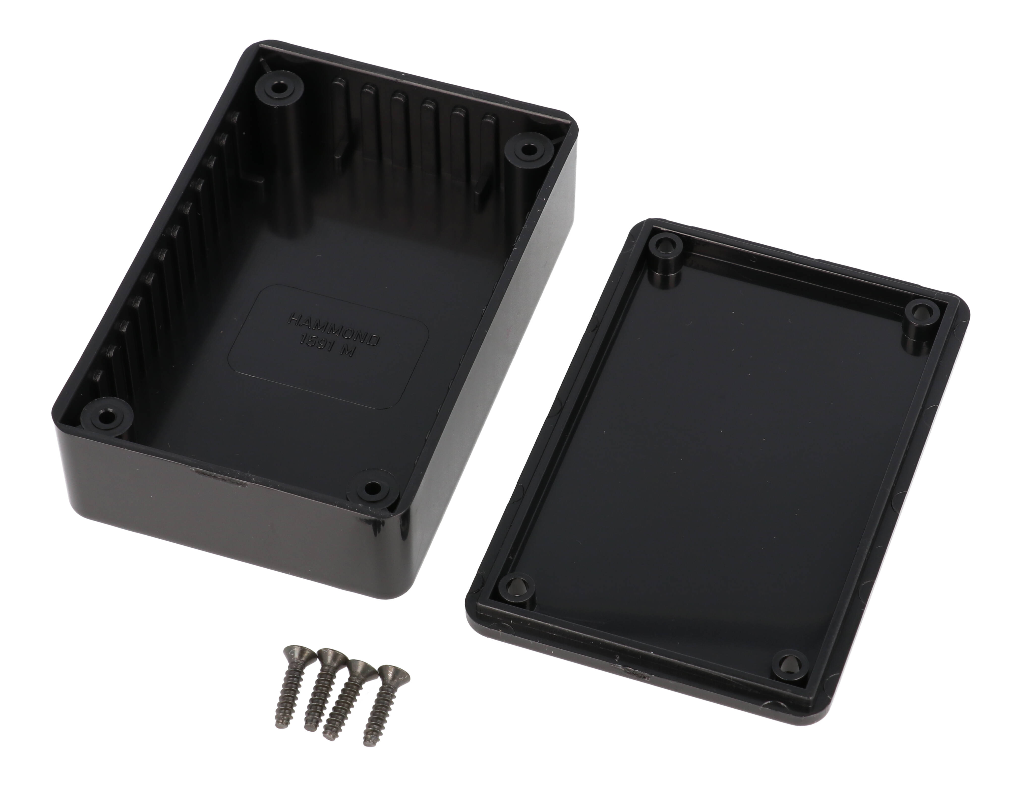 1591MSBK black ABS plastic enclosure with lid and molded card guides