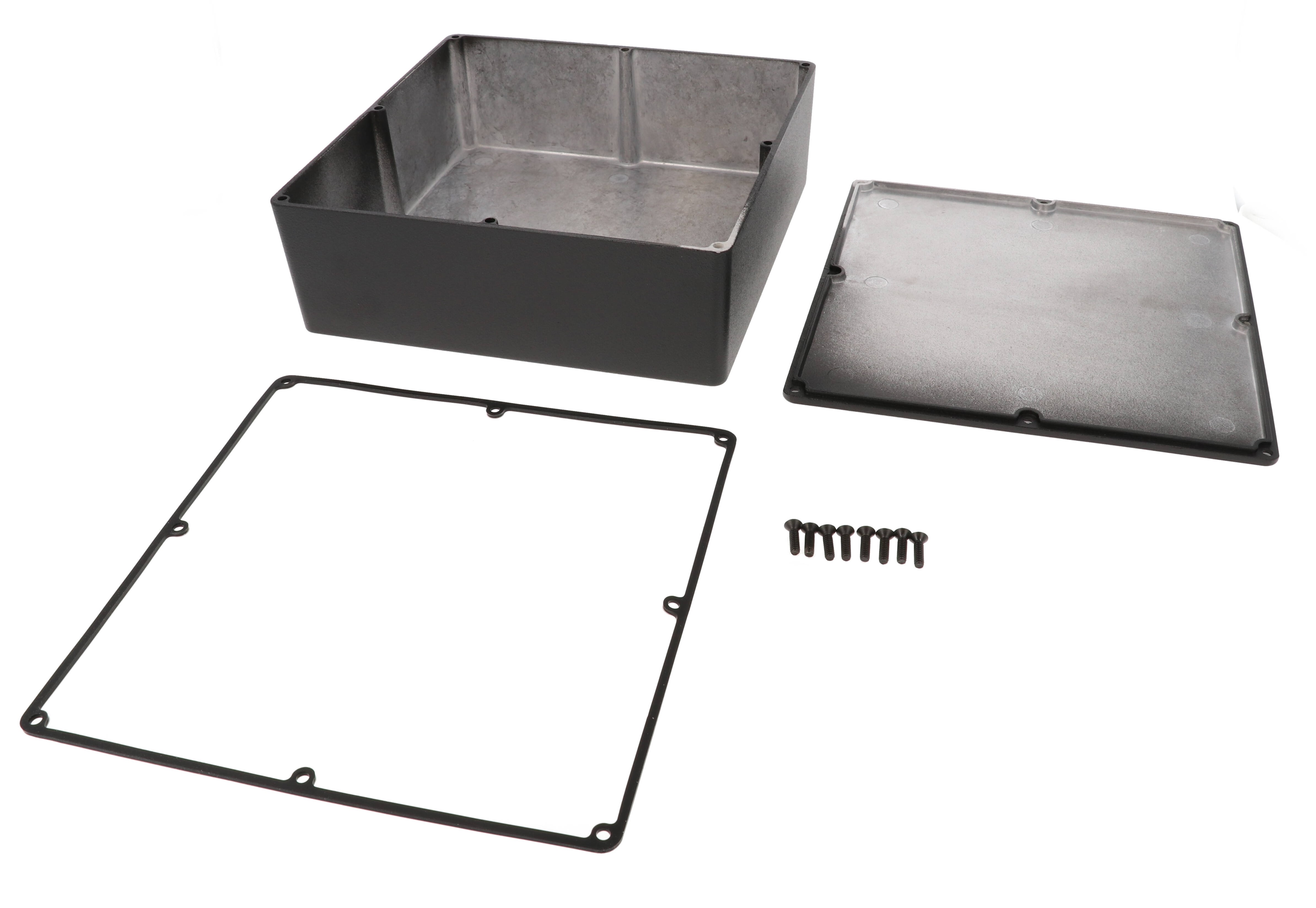 1590WFBK textured black square watertight 1590F diecast aluminum enclosure, 188 x 188 x 67 mm, no mounting flanges