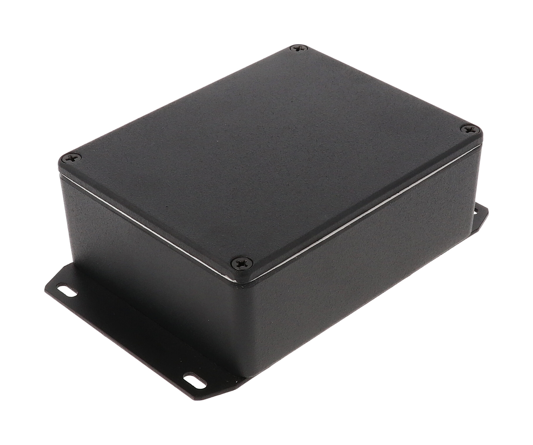 1590WBBSFBK black textured water-tight diecast aluminum enclosure with flanged bottom plate