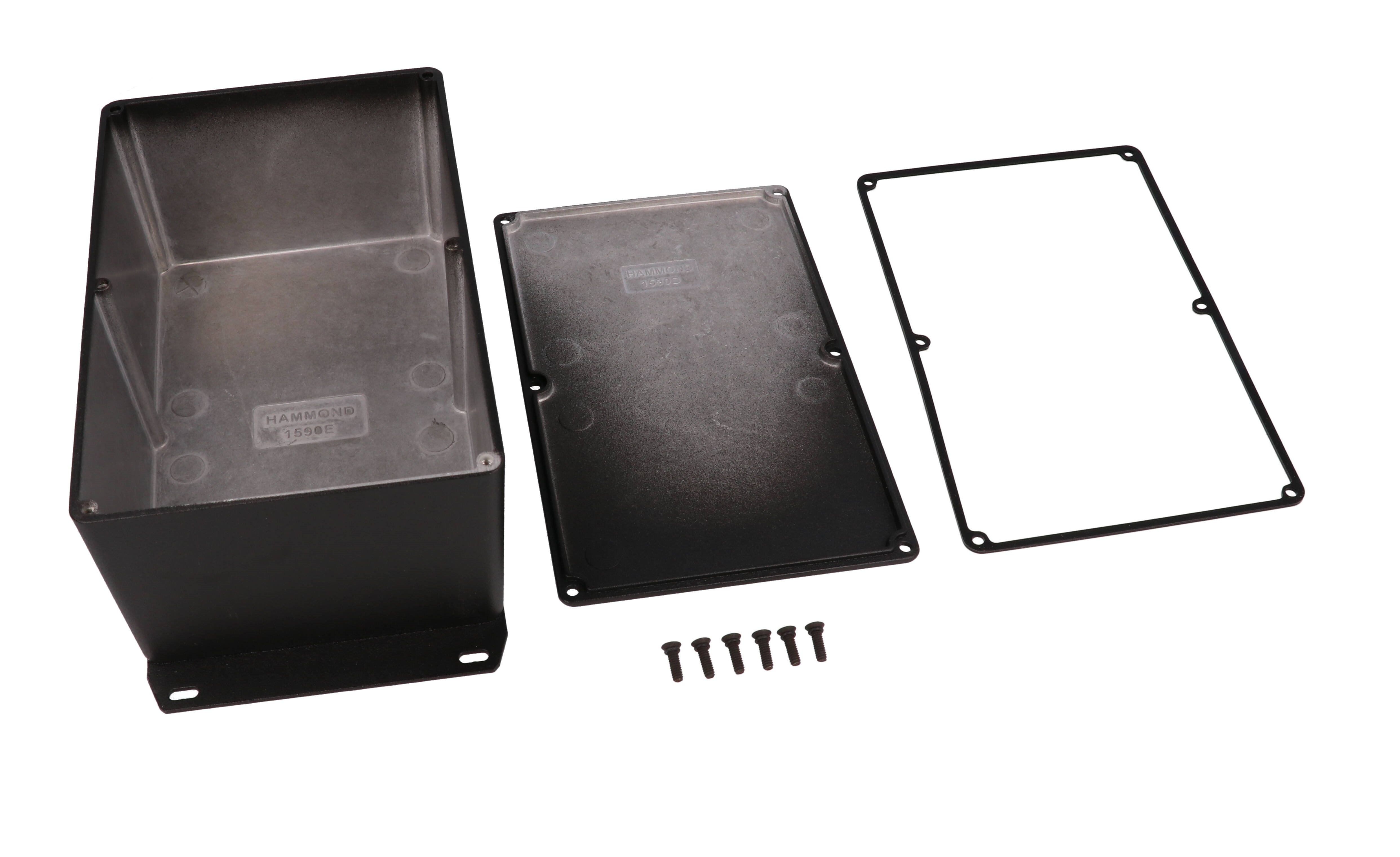 1590WEFBK textured black watertight 1590E diecast aluminum enclosure with flanged bottom plate