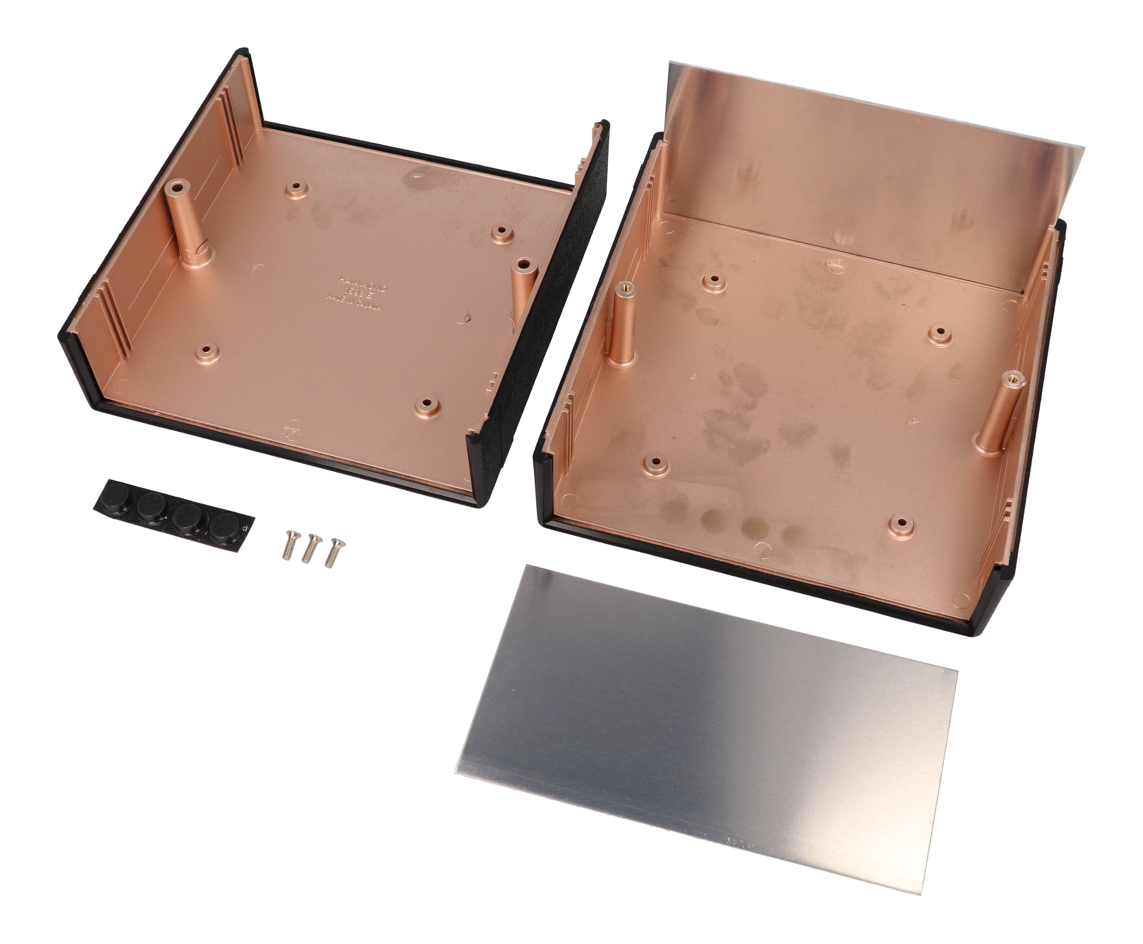 1598REBK black ABS EMI/RFI shielded instrument enclosure, 160 x 159 x 85 mm, with brushed aluminum end panels