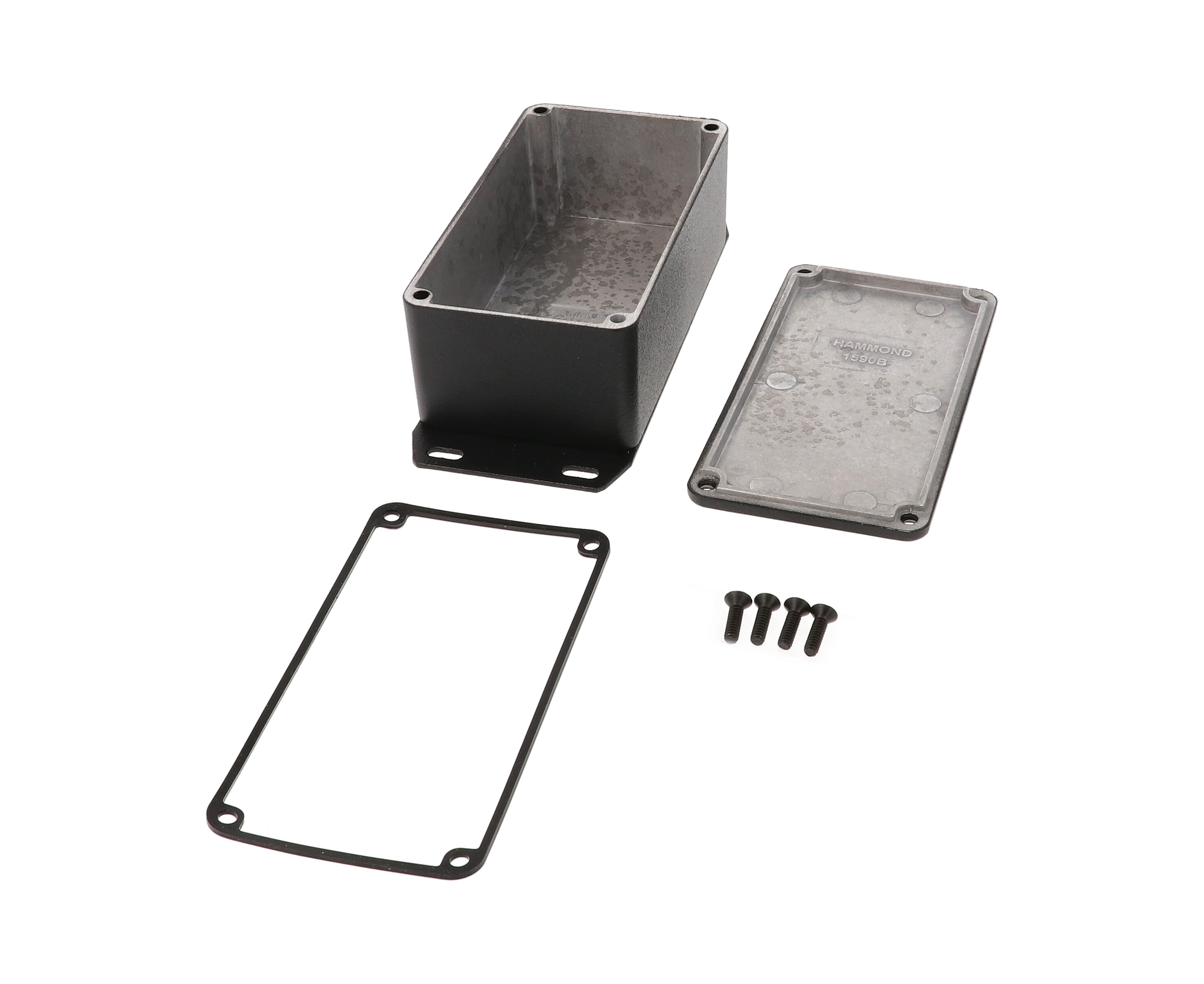 1590WBSFBK black textured watertight diecast aluminum enclosure with flanged bottom plate