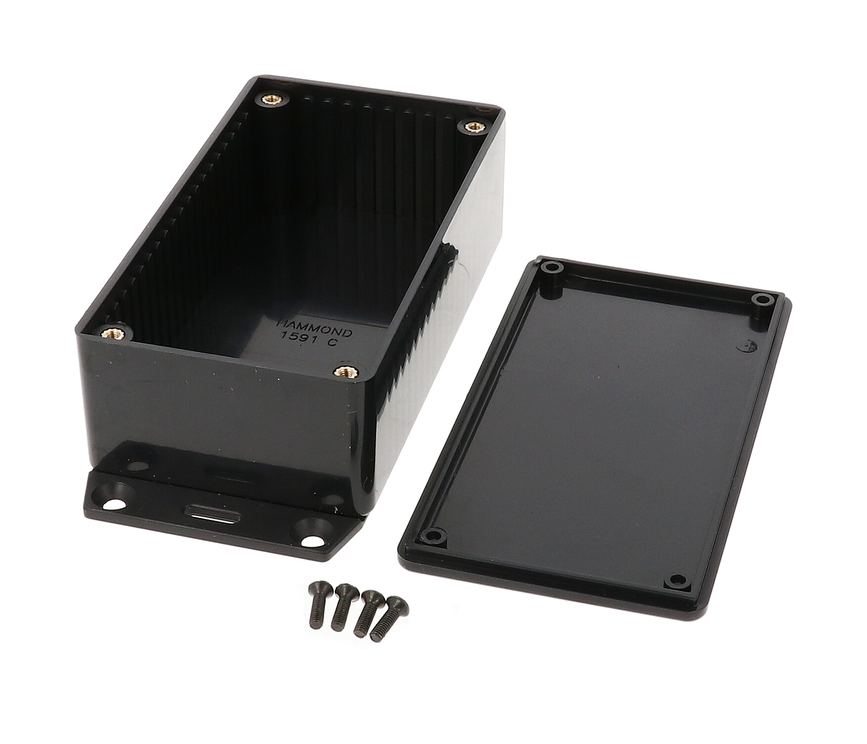 1591CF2BK black flame retardant ABS enclosure with bottom mounting flange