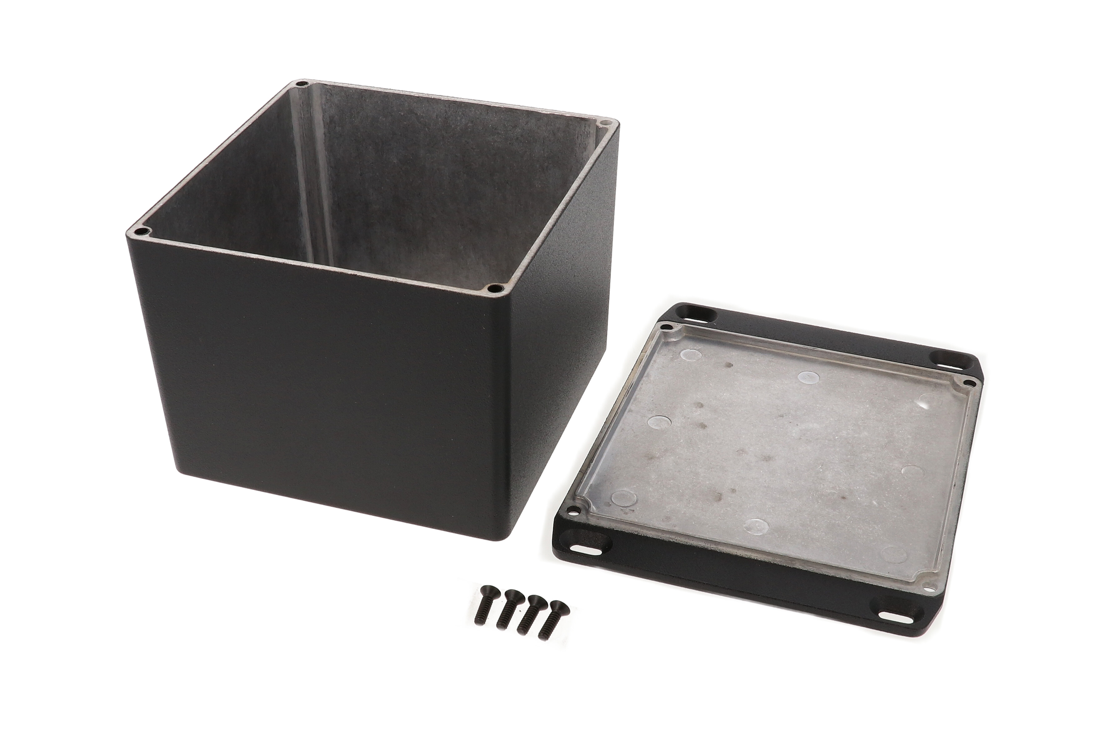 1590VFLBK textured black deep diecast aluminum enclosure with wall-mounting flanged lid