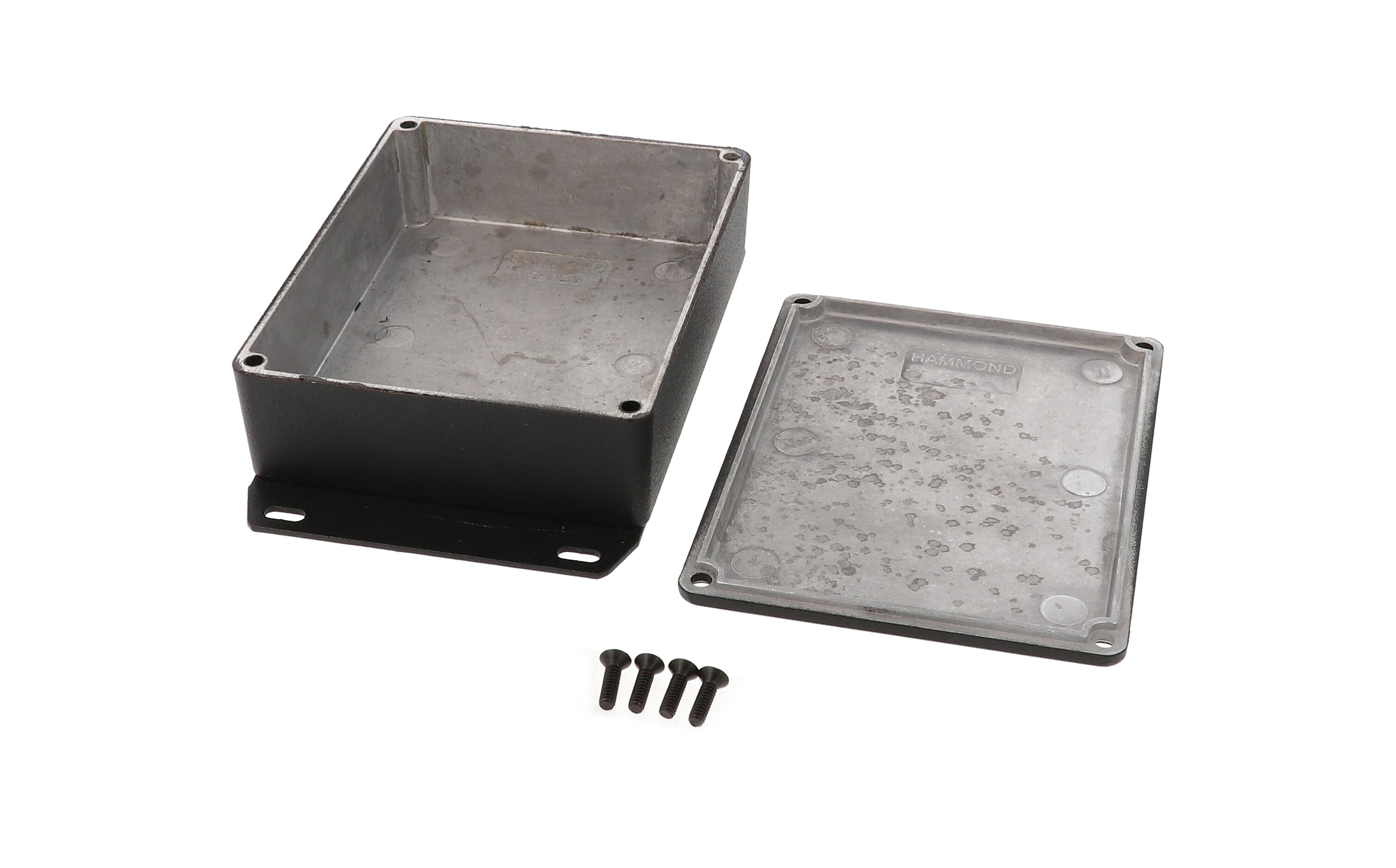 1590BBFBK black textured diecast aluminum enclosure with welded bottom mounting flange