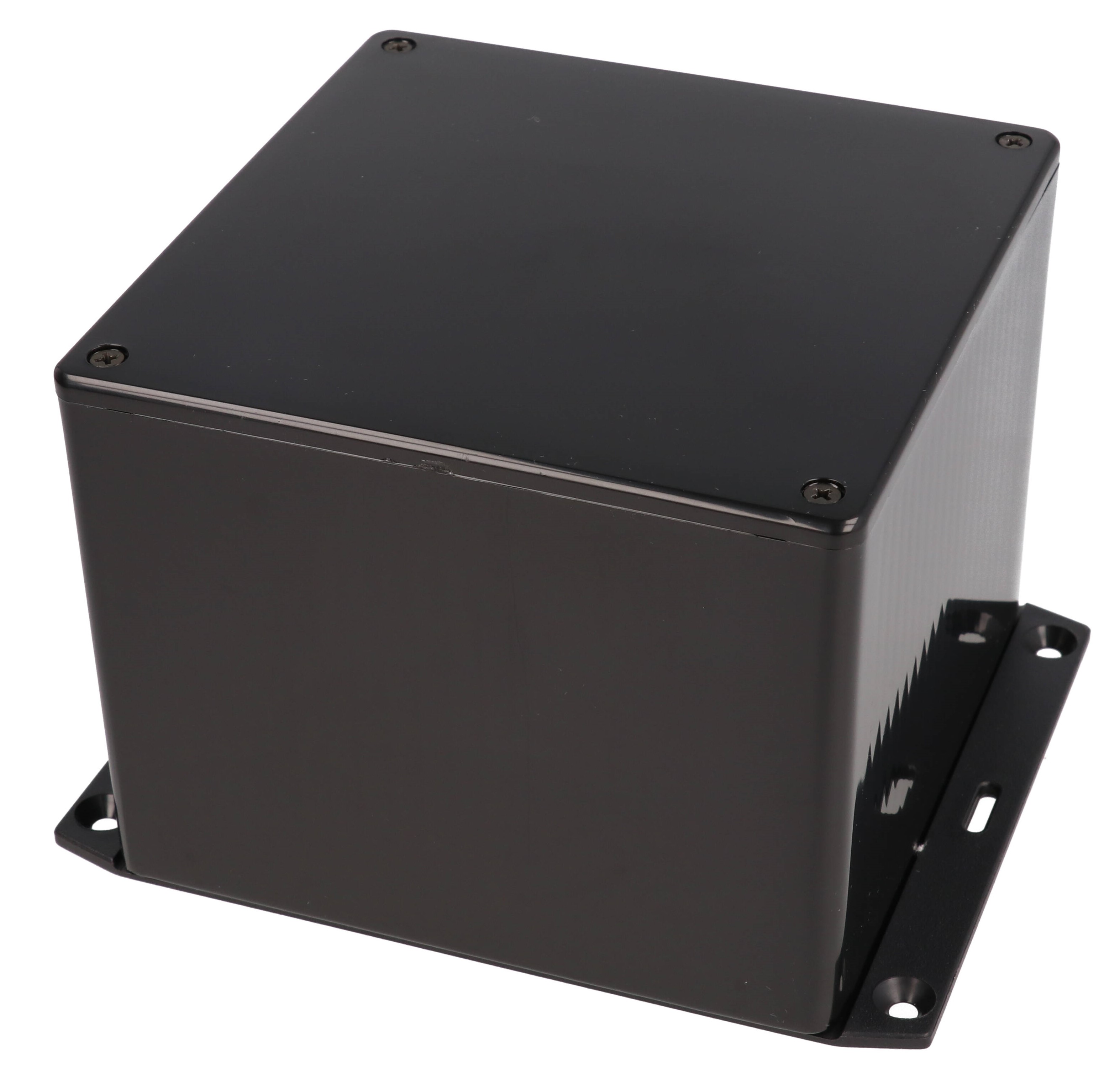 1591VF2SBK black ABS plastic enclosure with bottom flange, 120 x 120 x 94 mm