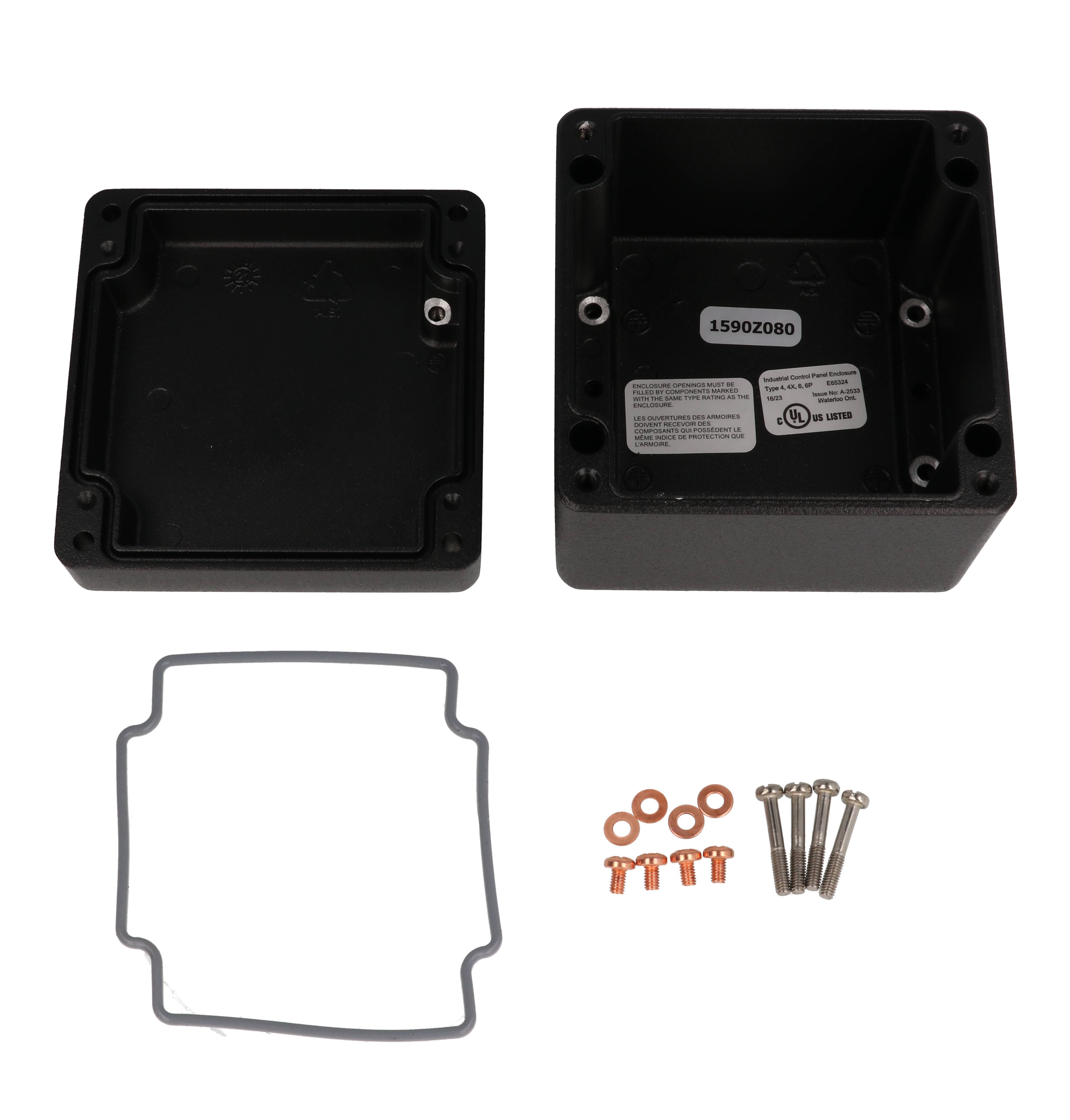 1590Z080BK square textured black diecast aluminum enclosure, 100 x 100 x 80 mm, with gasketed lid and four recessed lid screws