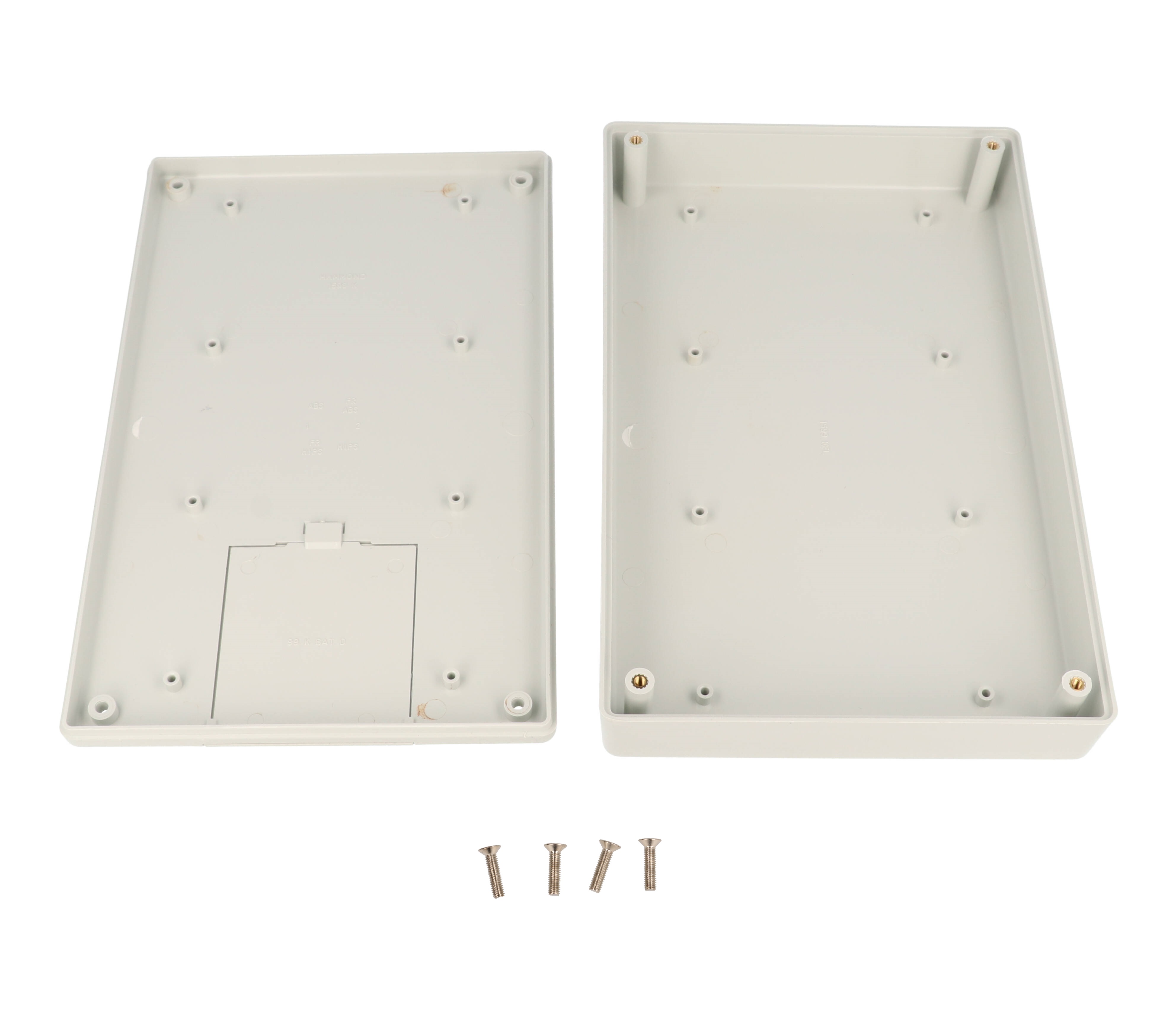 1599KGYBAT light gray flame retardant handheld enclosure with battery door, 220 x 140 mm