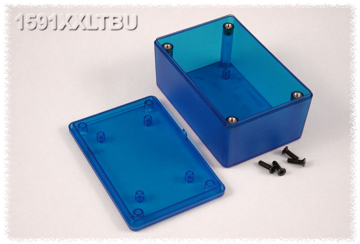 Hammond 1591XXLTBU transparent blue ABS plastic enclosure, 1591XXL size, box and lid shown