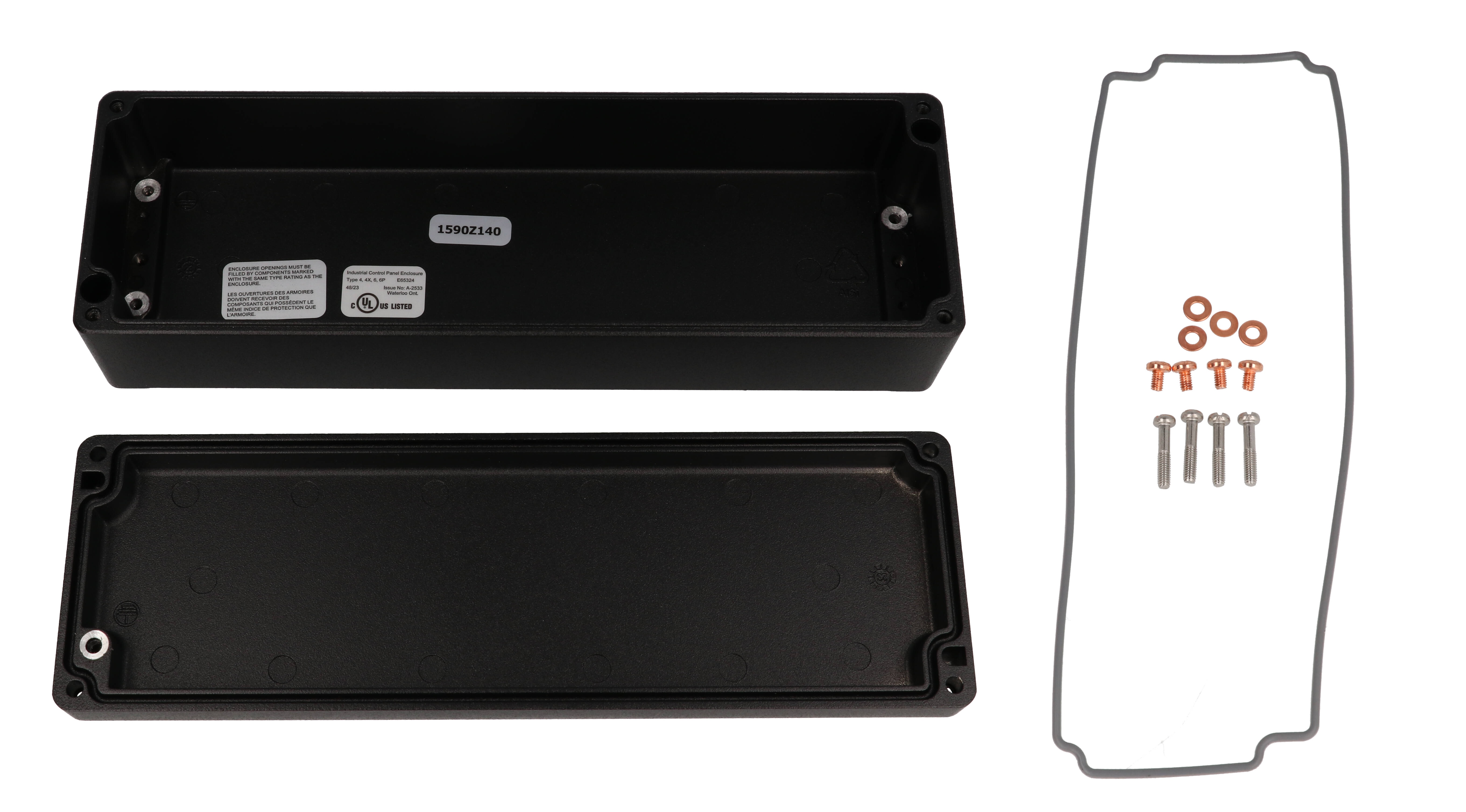 1590Z140BK textured black powder-painted diecast aluminum enclosure, 250 x 80 x 57 mm