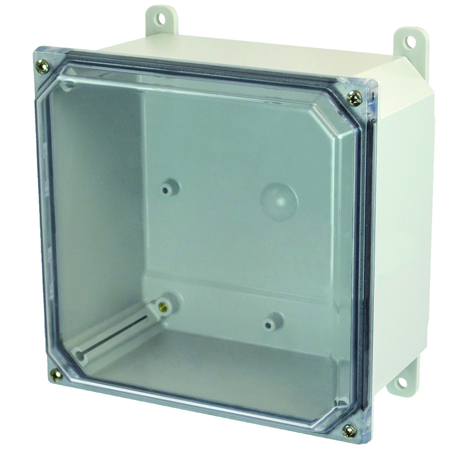 PCJ12104F 11.92 x 10.15 x 3.98 in Type 4X polycarbonate junction box with solid light gray lift-off cover and mounting flanges