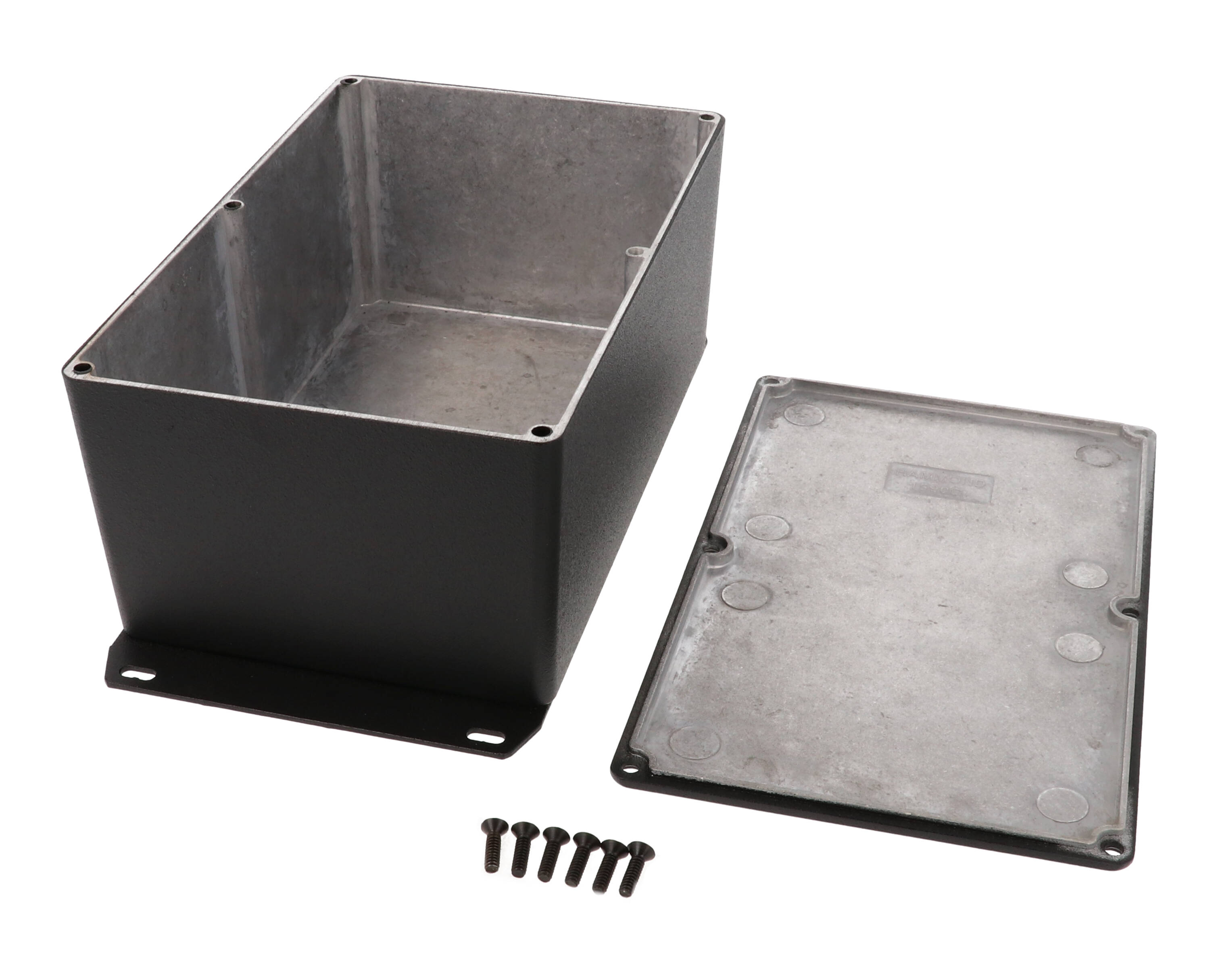 1590EFBK textured black diecast aluminum enclosure with welded bottom mounting flange