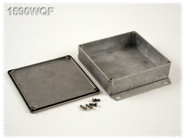 1590WQF natural aluminum watertight diecast enclosure, 120 mm x 120 mm x 34 mm, with flanged bottom plate