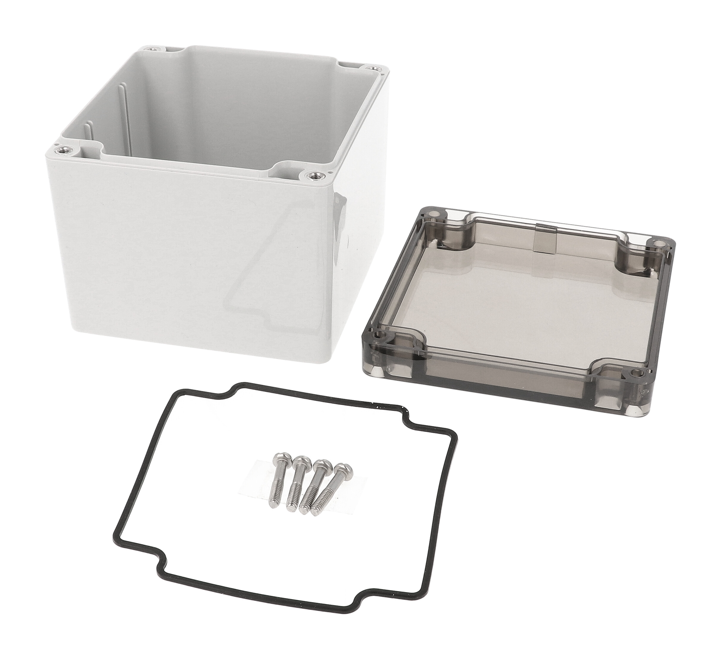 1554LA2GYSL deep square gray polycarbonate enclosure with smoked lid, 105 x 105 x 90 mm