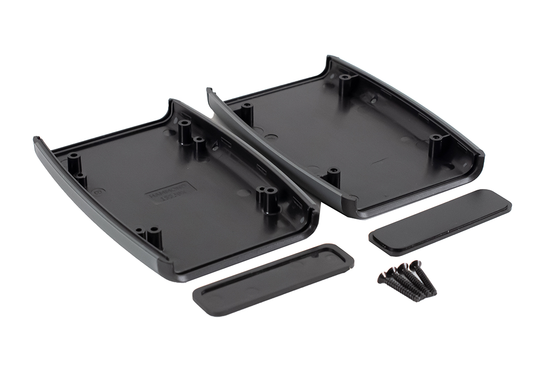 1553BXBK black ABS dual end panel handheld enclosure with grey overmold