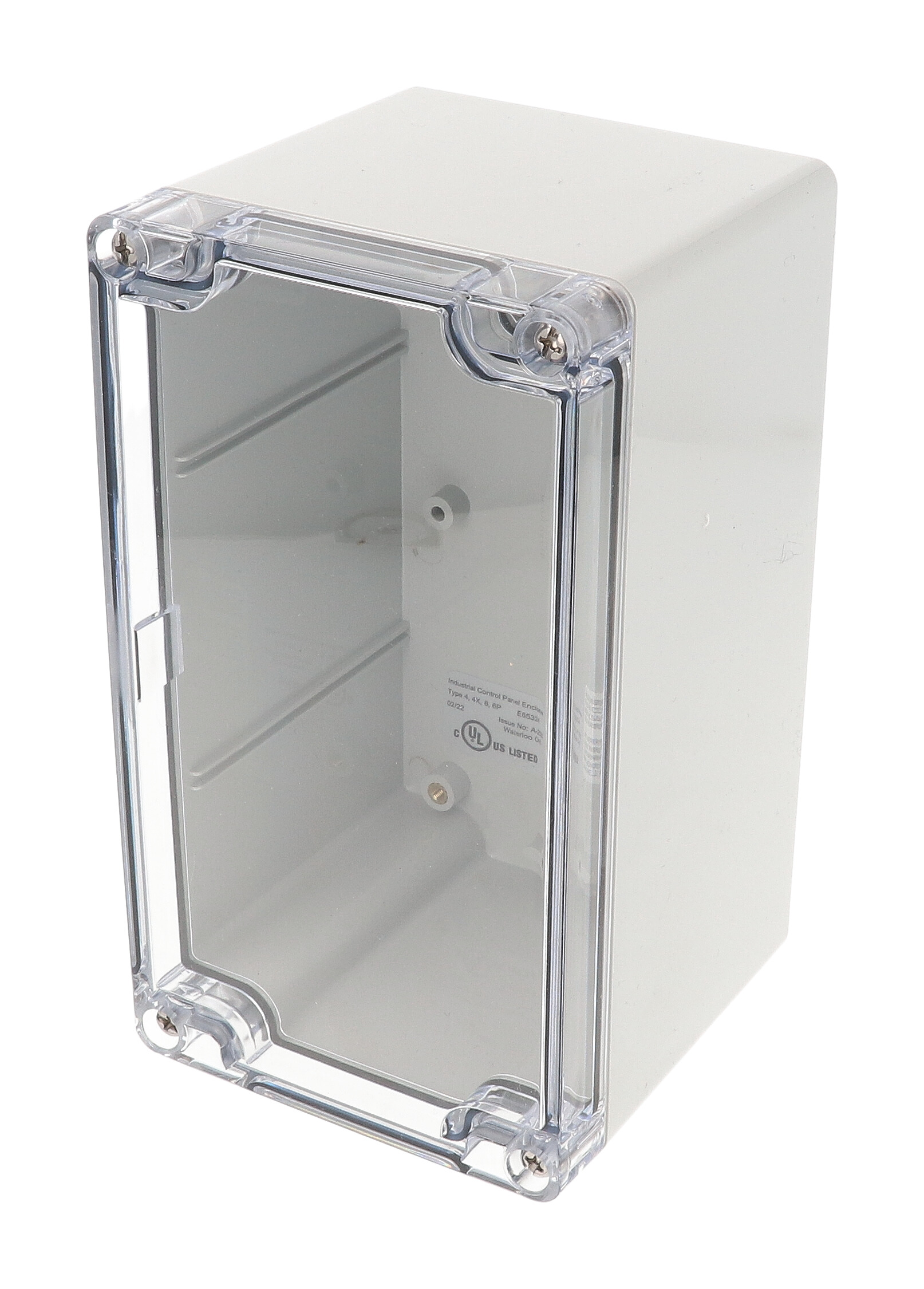 1554K2GYCL polycarbonate enclosure with clear lid, 160 x 89 x 89 mm, gray RAL 7035 base