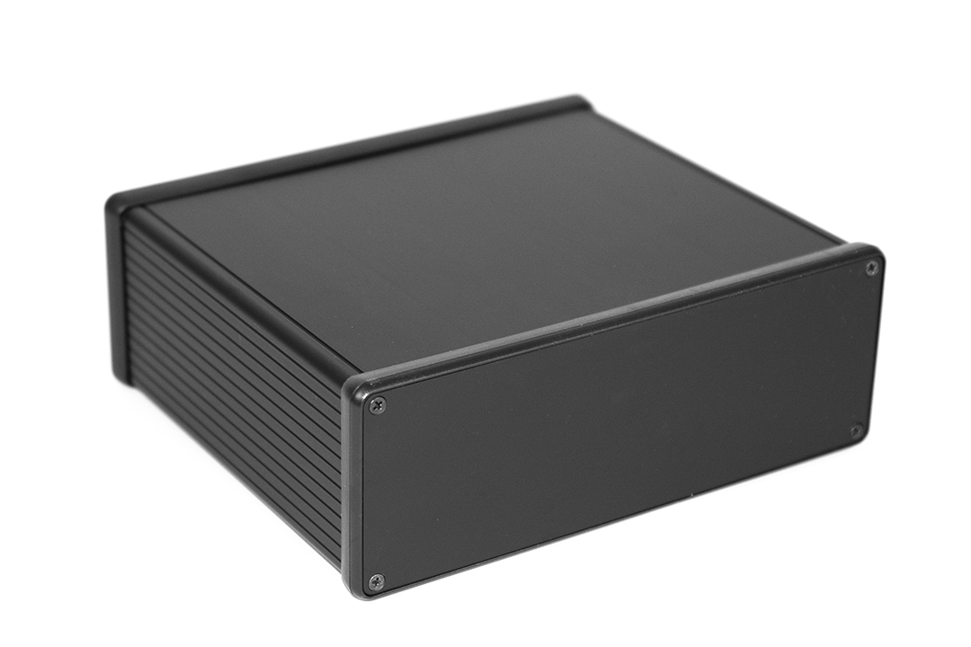 1455U1602BK black anodized extruded aluminum enclosure, 160 x 191 x 66 mm, with closed black plastic end panels