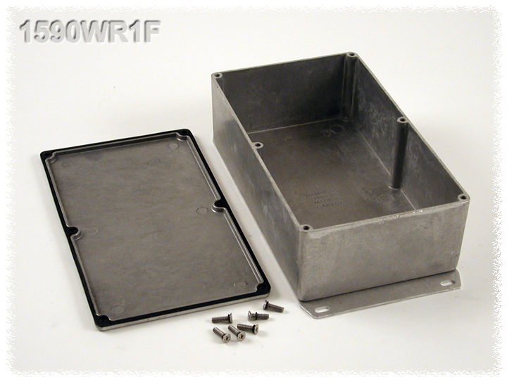 1590WR1F natural aluminum IP65 water-tight diecast aluminum enclosure with a welded flanged bottom plate, 192x112x61mm