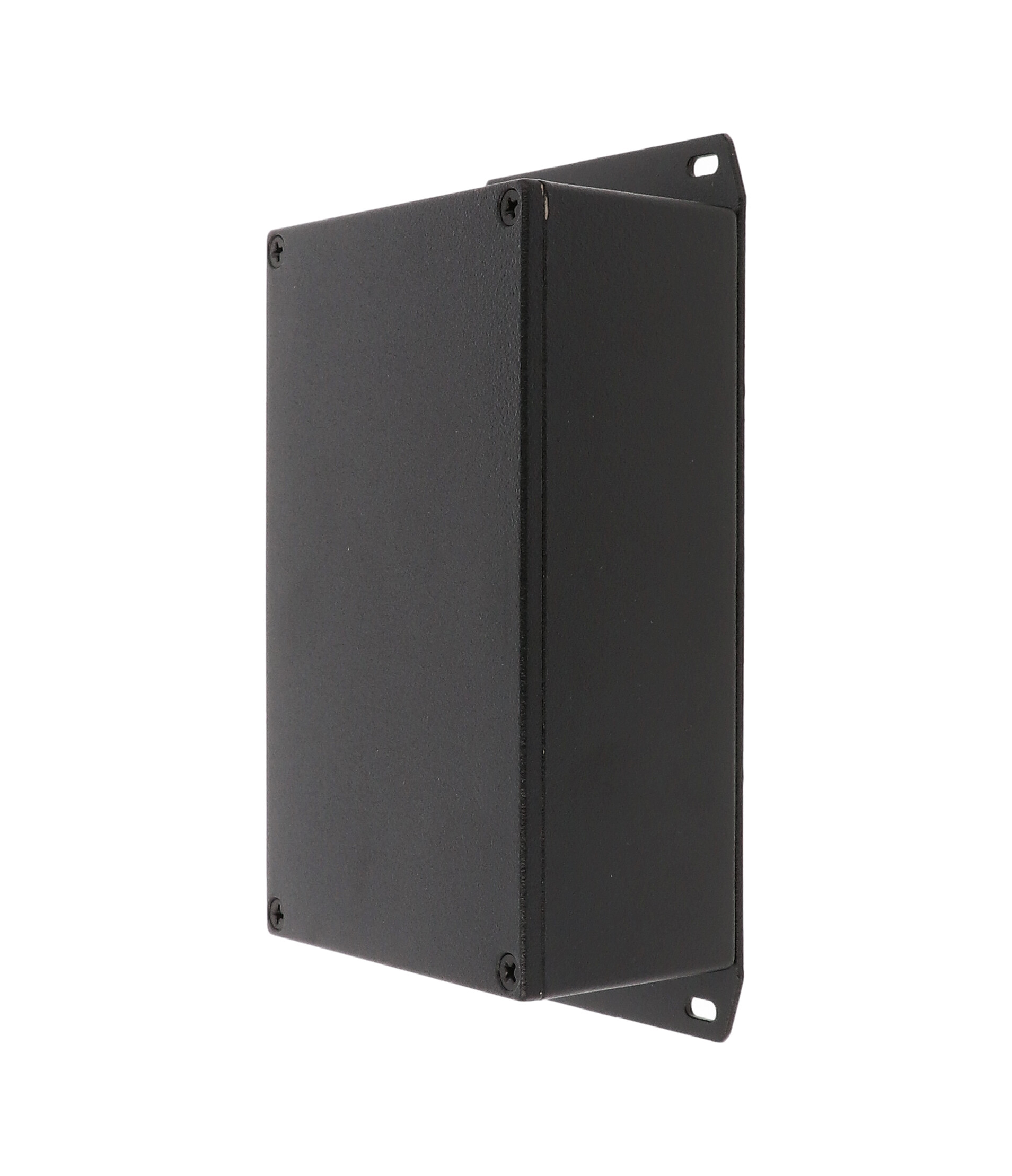1590JFBK textured black diecast aluminum enclosure with welded bottom flange, 145 x 95 x 49 mm