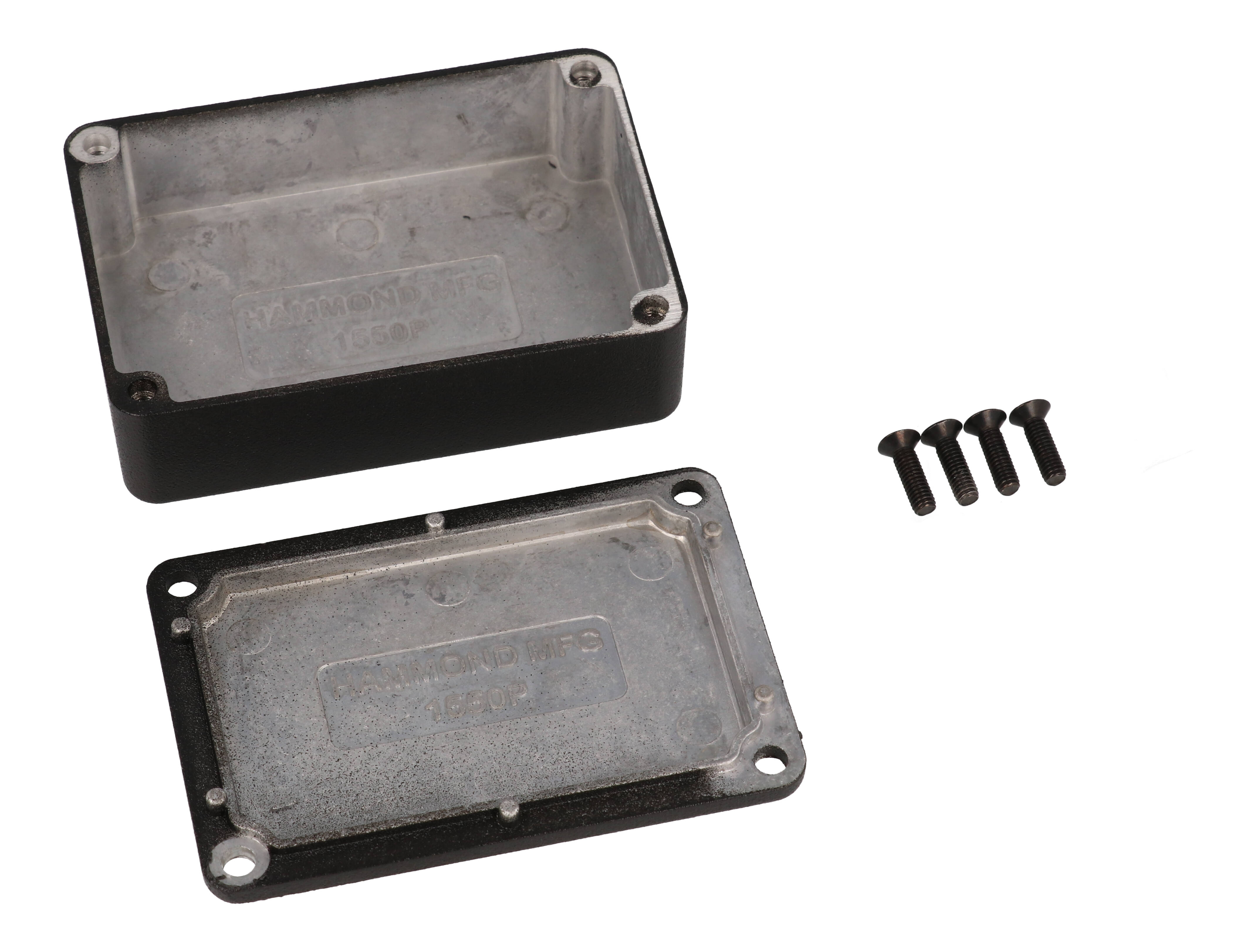 1550PBK black diecast aluminum enclosure, 80 x 55 x 25 mm, with screw-down lid