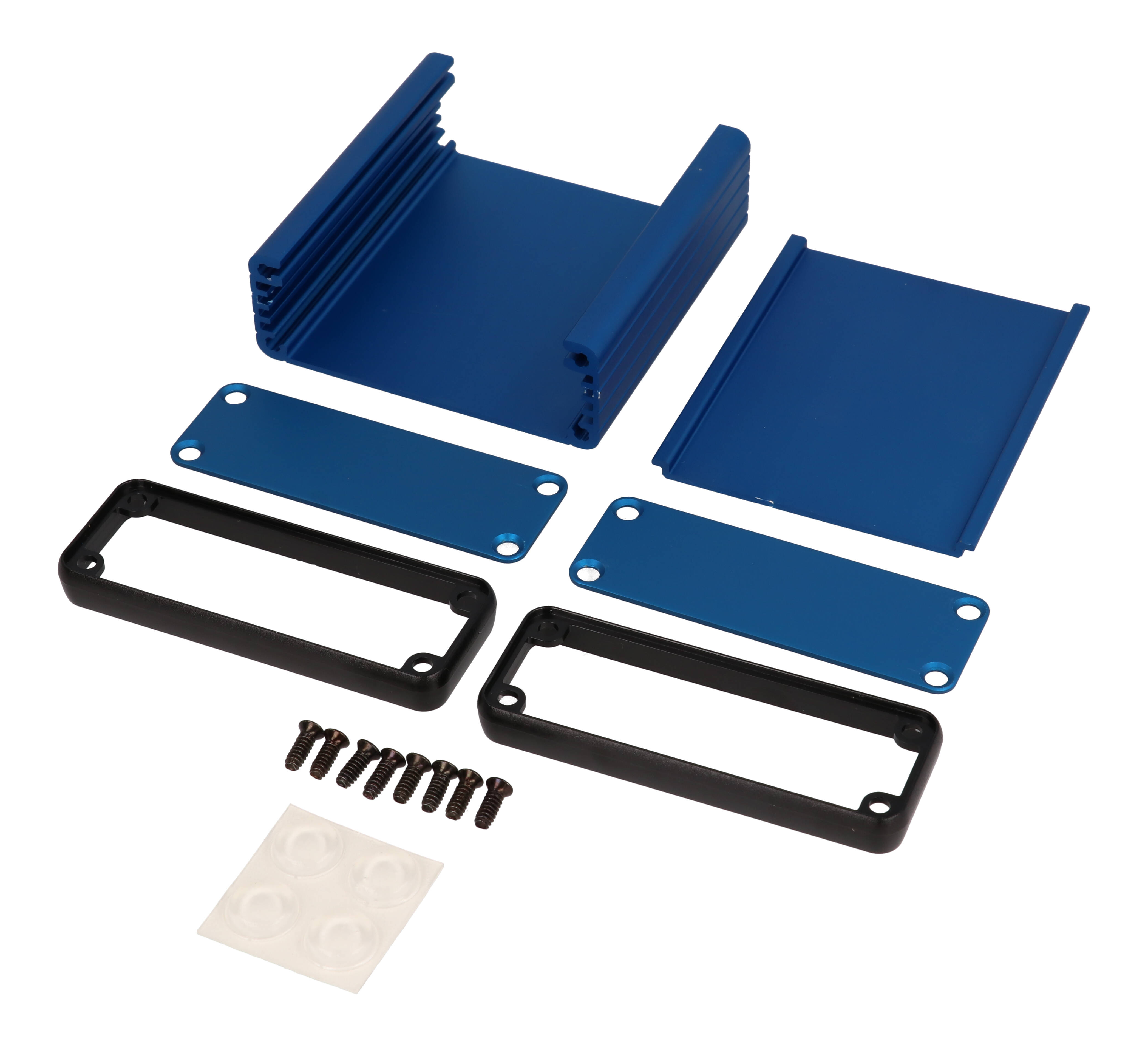 1455J801BU blue anodized extruded aluminum enclosure, 80 x 78 x 27 mm, with aluminum end panels and open bezels
