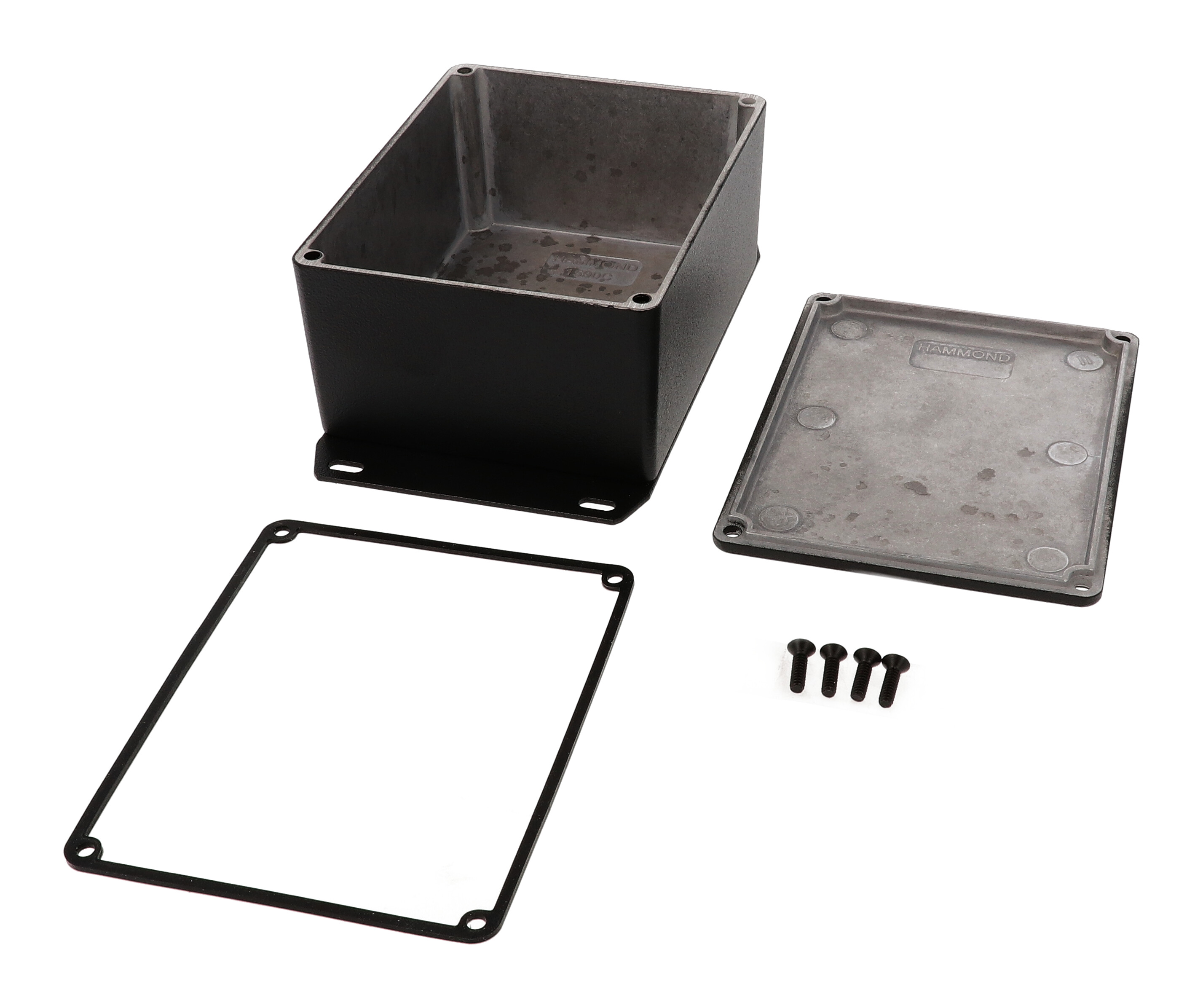 1590WCFBK textured black watertight diecast aluminum enclosure, 119 mm x 94 mm x 56 mm, with flanged bottom plate