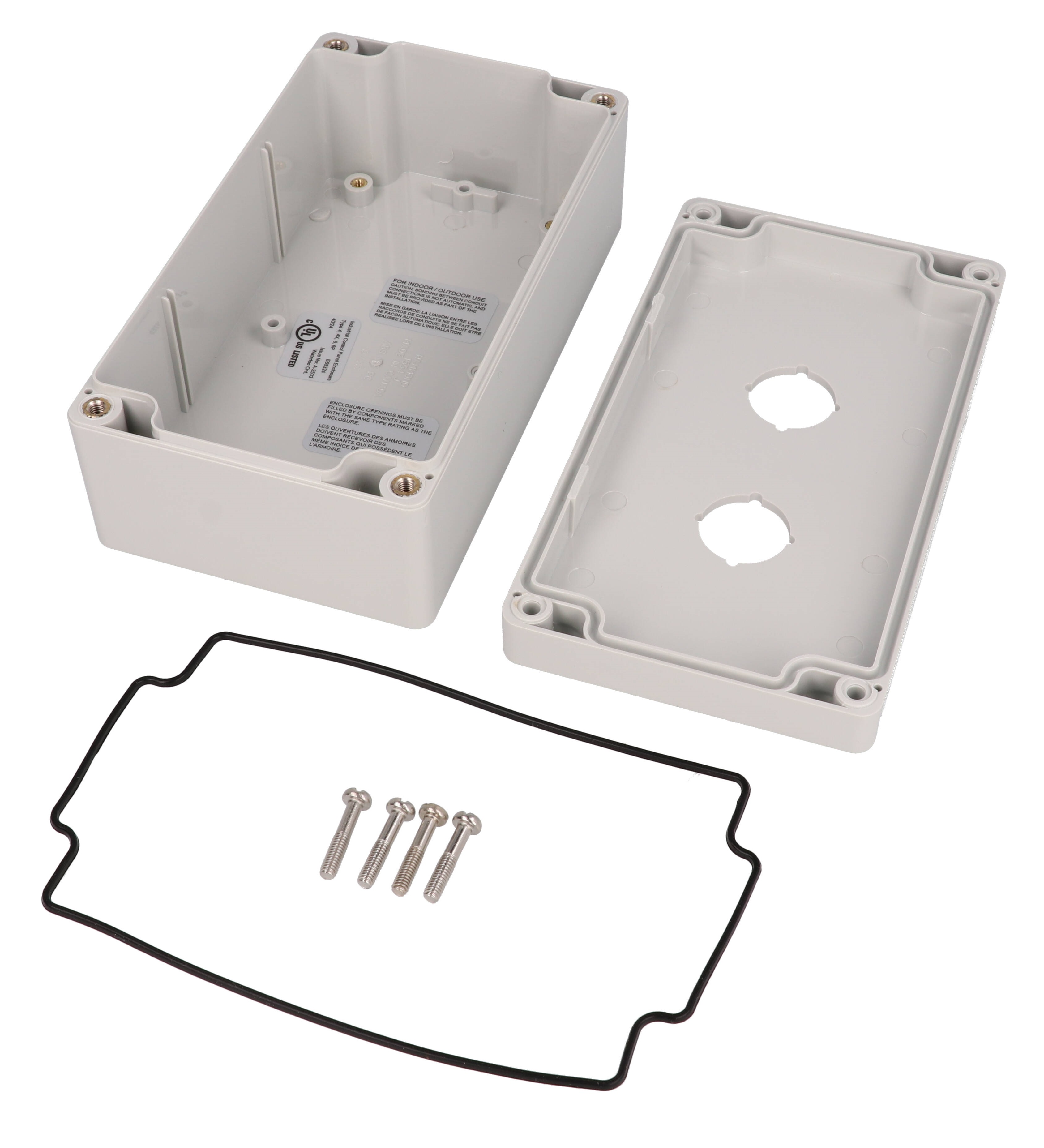 1554MPB2 light gray polycarbonate enclosure with two 22.5 mm pushbutton holes