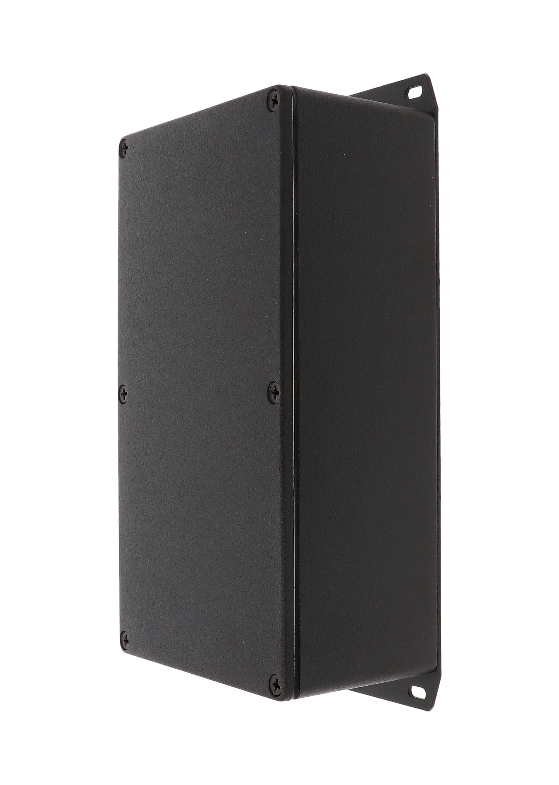 1590WR1FBK black textured IP65 water-tight diecast aluminum enclosure with a welded flanged bottom plate, 192x112x61mm