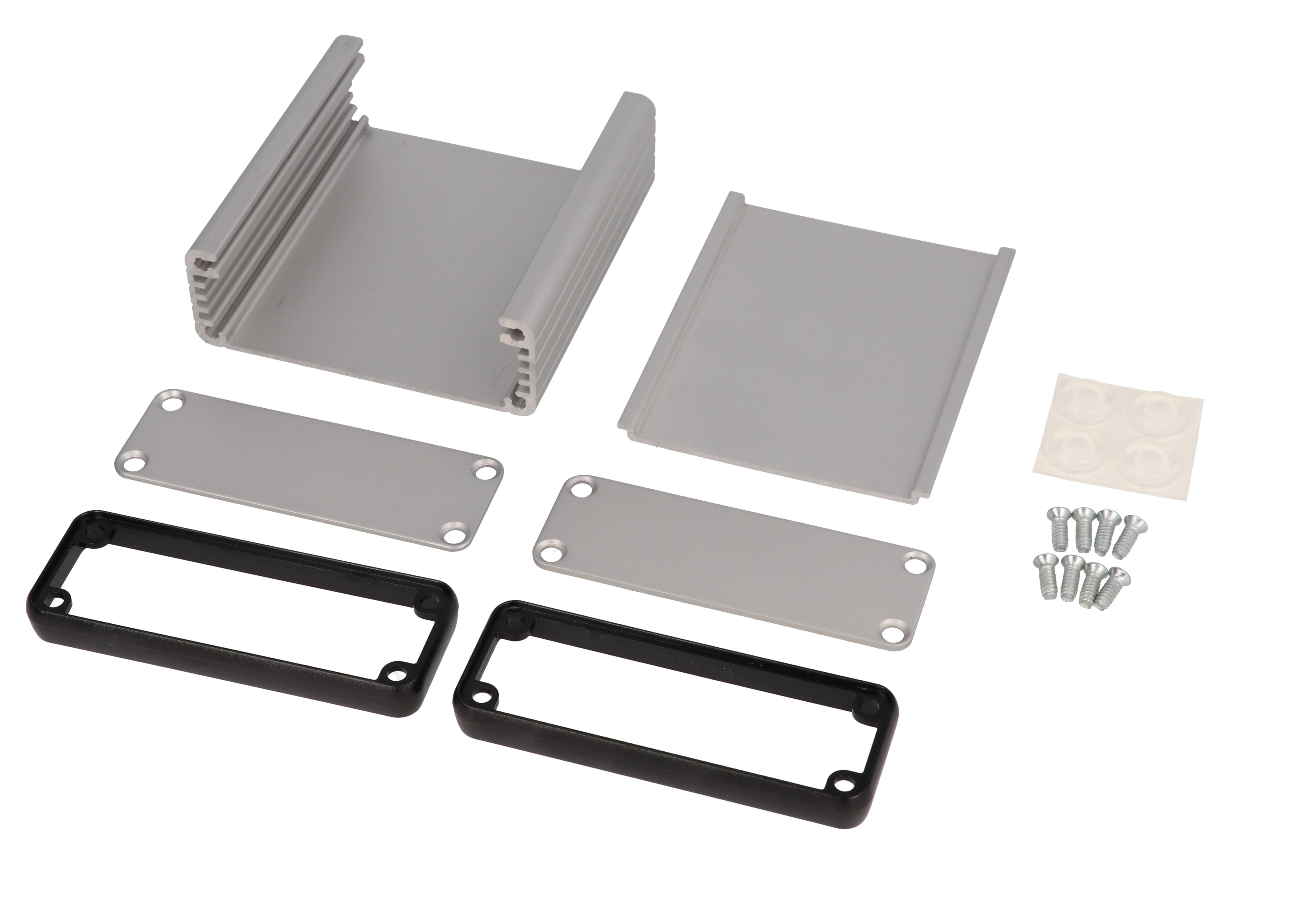 1455J801 clear anodized extruded aluminum enclosure, 80 x 78 x 27 mm, with aluminum end panels and open bezels