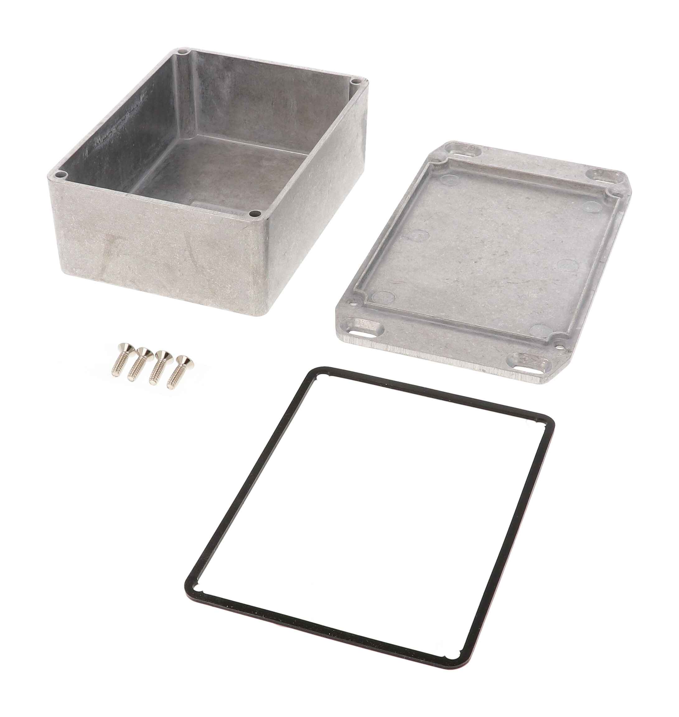1590WSFL natural aluminum IP65 water-tight diecast aluminum enclosure with a wall-mounting flanged lid, 110x82x44mm