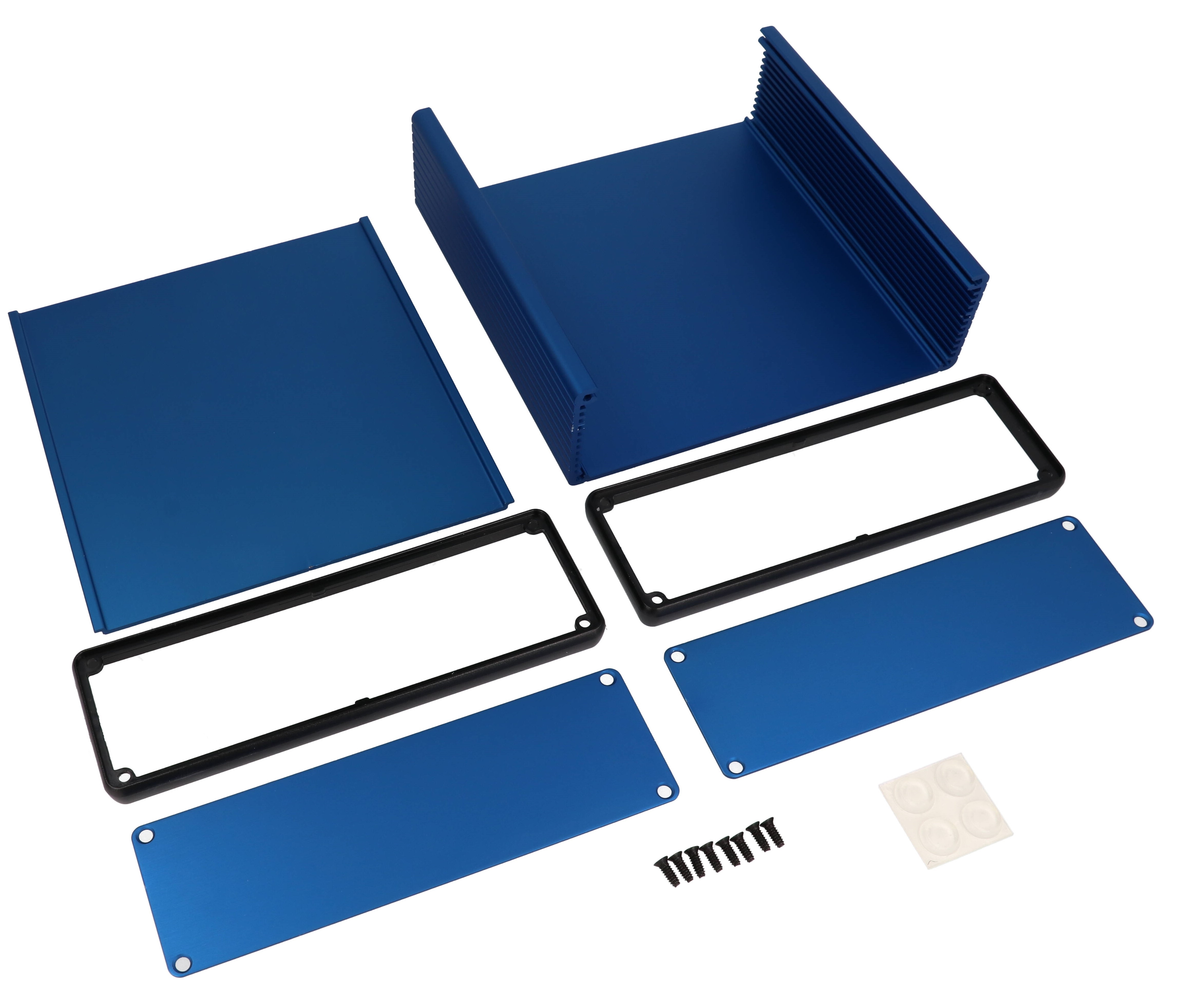 1455T1601BU blue anodized extruded aluminum enclosure, 160 x 165 x 52 mm, with aluminum end panels and black open bezels