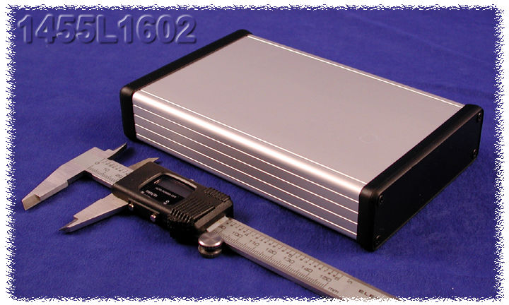 1455L1602 clear anodized extruded aluminum PC board enclosure, 160 x 103 x 30.5 mm, with black plastic end panels
