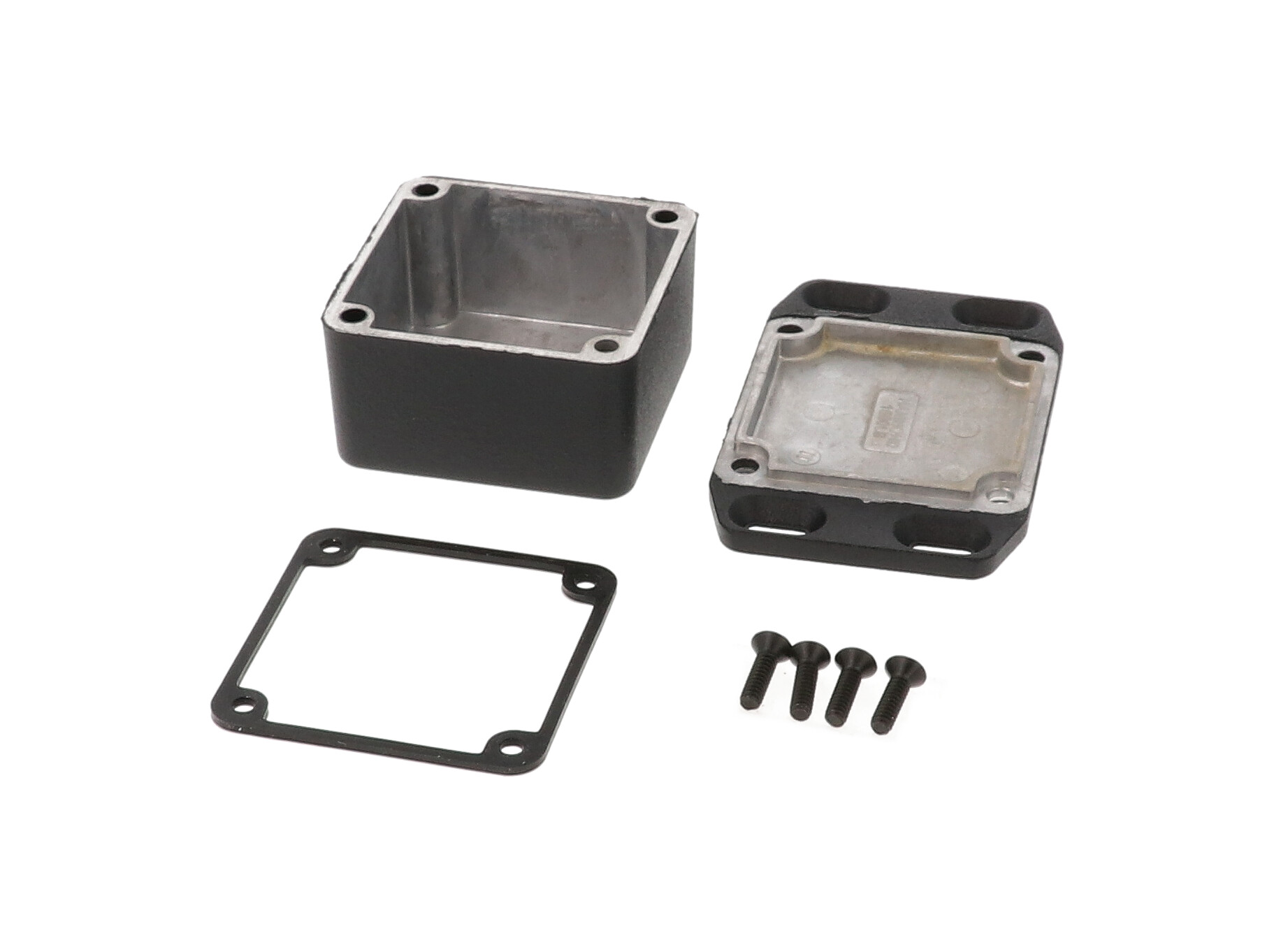 1590WLBFLBK black watertight diecast aluminum enclosure with flanged mounting lid