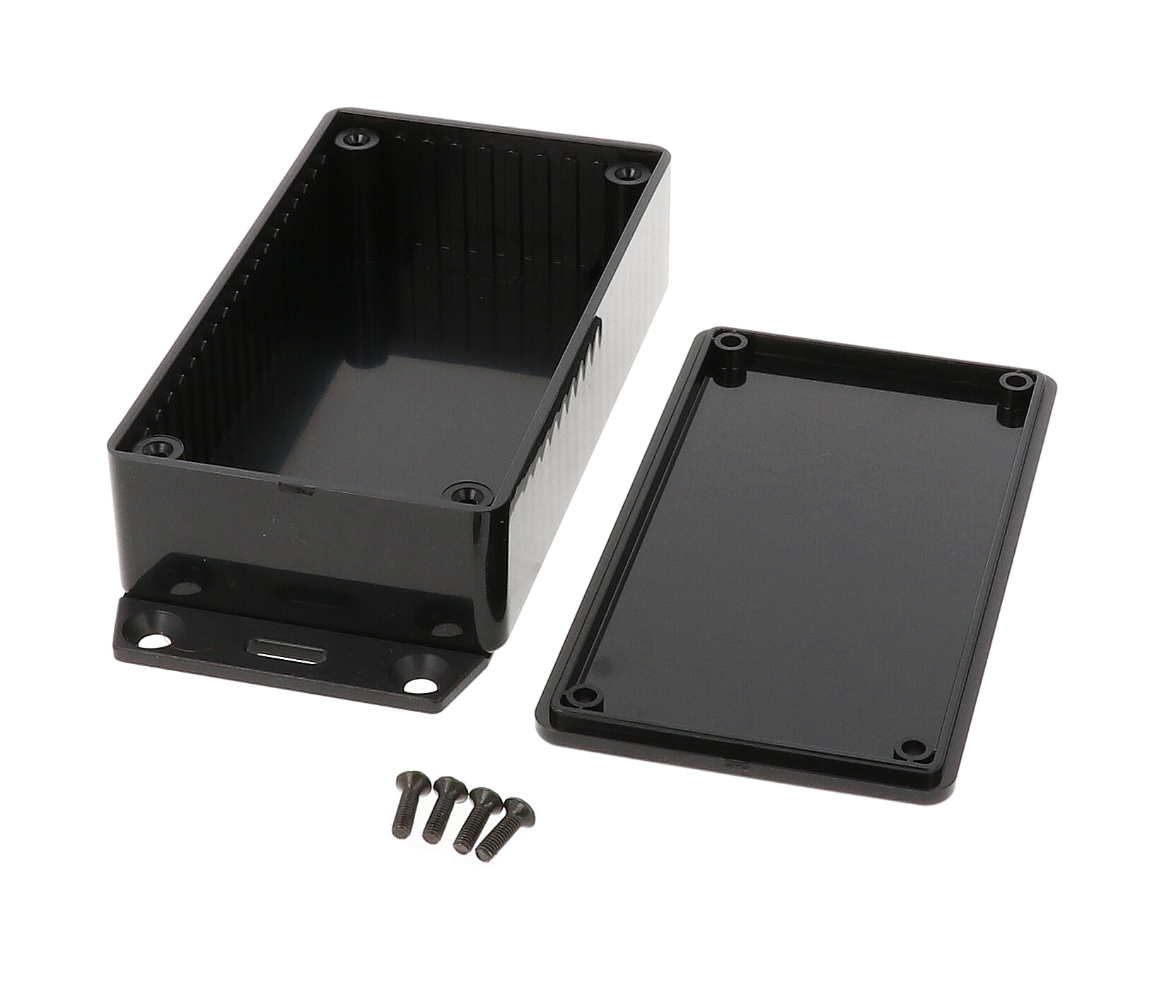 1591BF2SBK black 112 x 62 x 31 mm ABS plastic bottom-flange enclosure with molded card guides