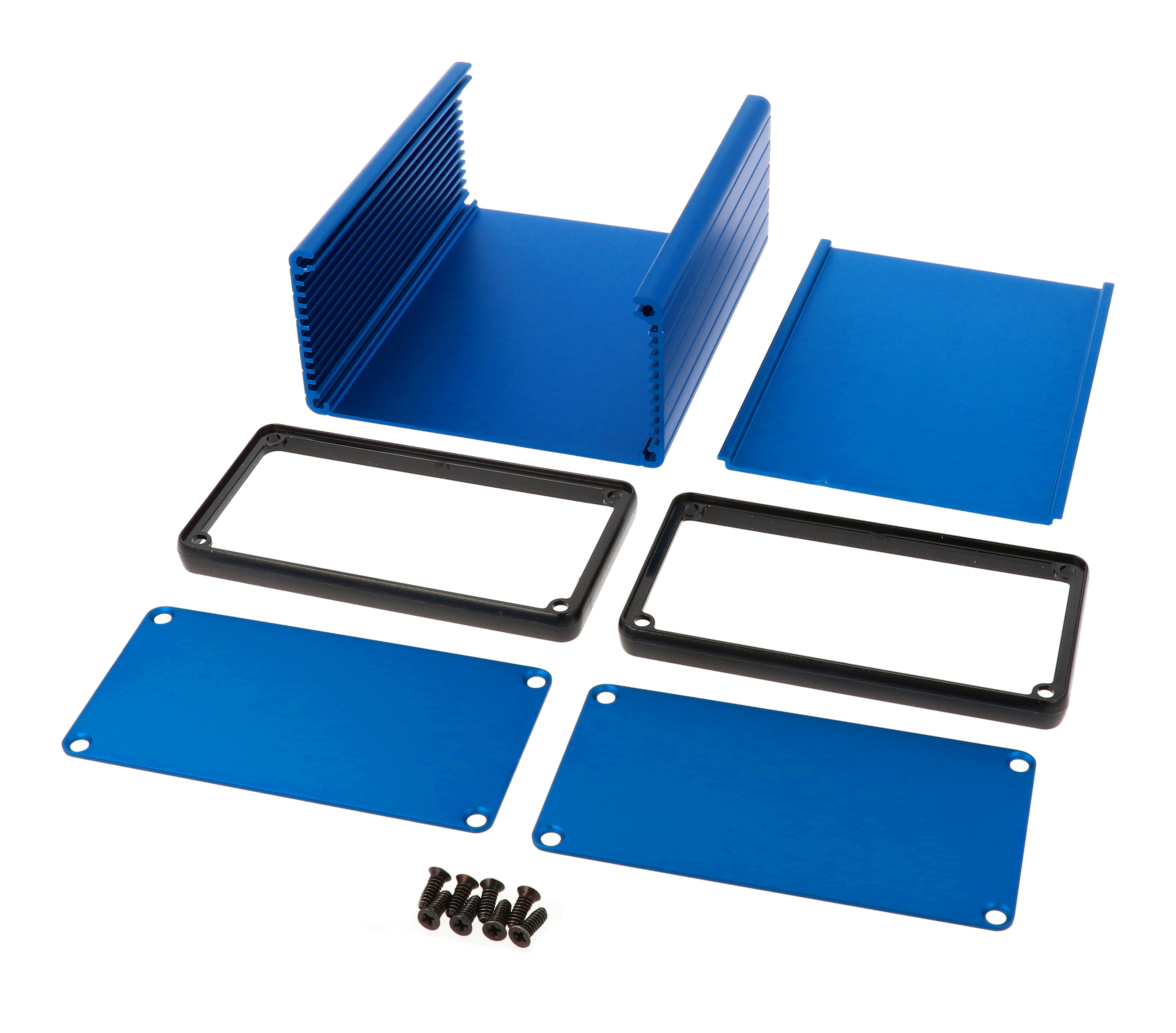 1455N1201BU blue anodized extruded aluminum enclosure, 120 x 103 x 53 mm, with metal end panels